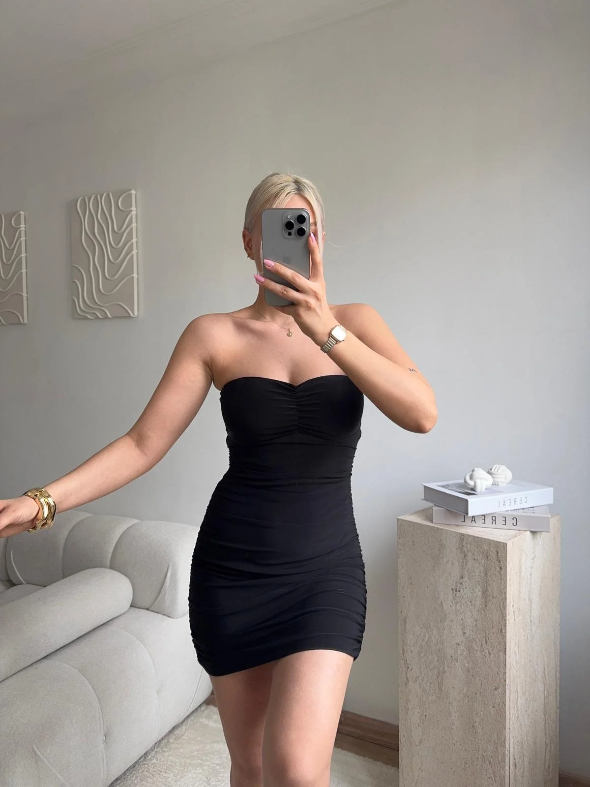 Straplez Drapeli Mini Elbise - SİYAH