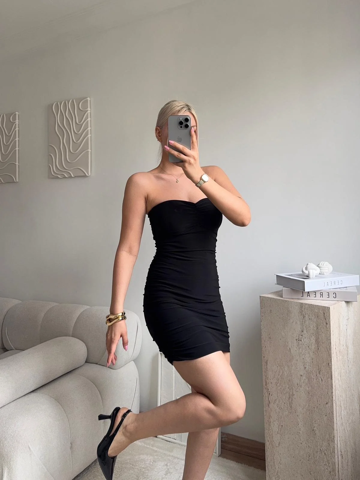 Straplez Drapeli Mini Elbise - SİYAH