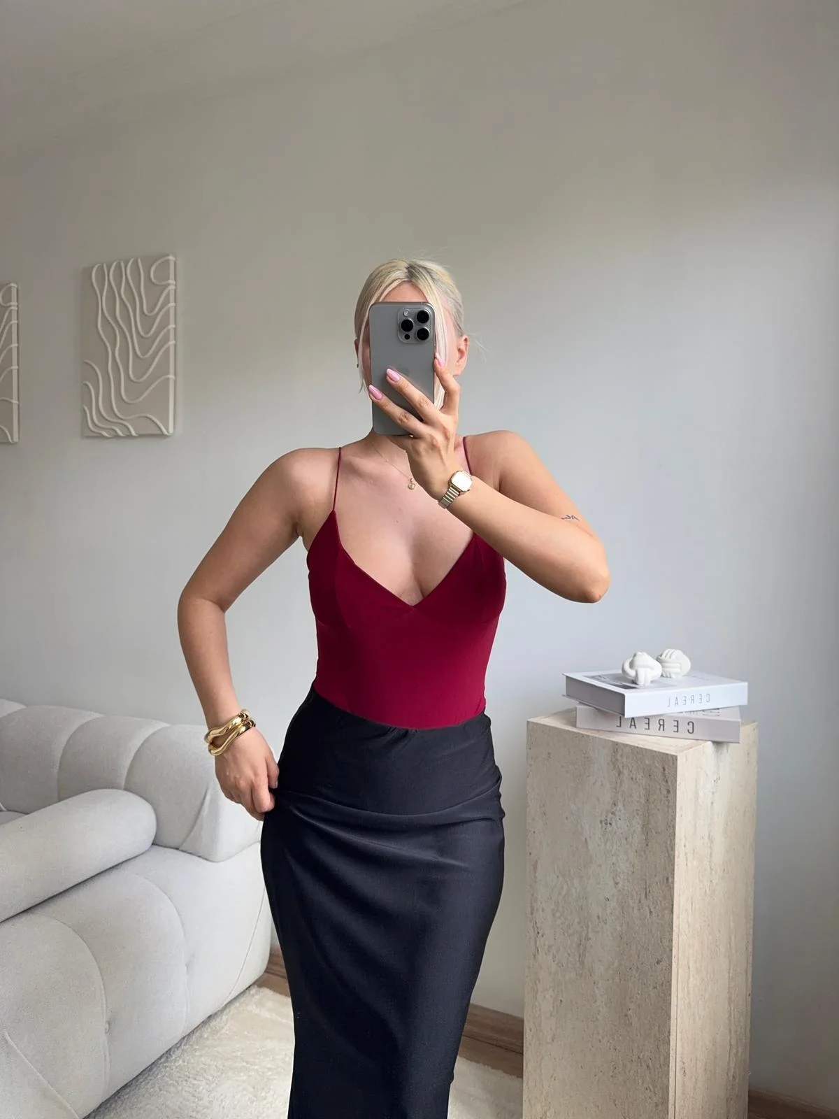 İp Askılı V Yaka Sırt Dekolteli Bodysuit - BORDO