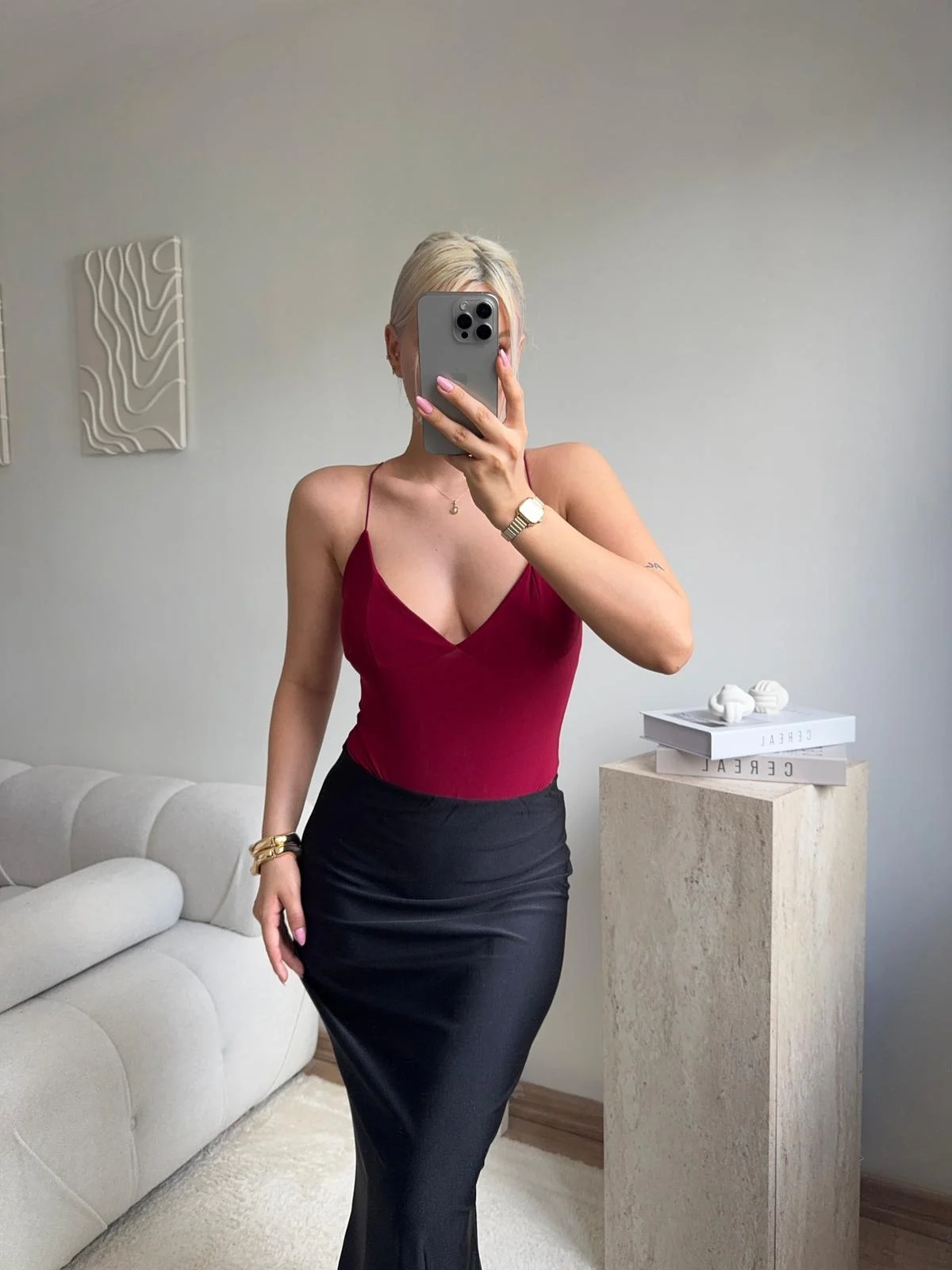İp Askılı V Yaka Sırt Dekolteli Bodysuit - BORDO