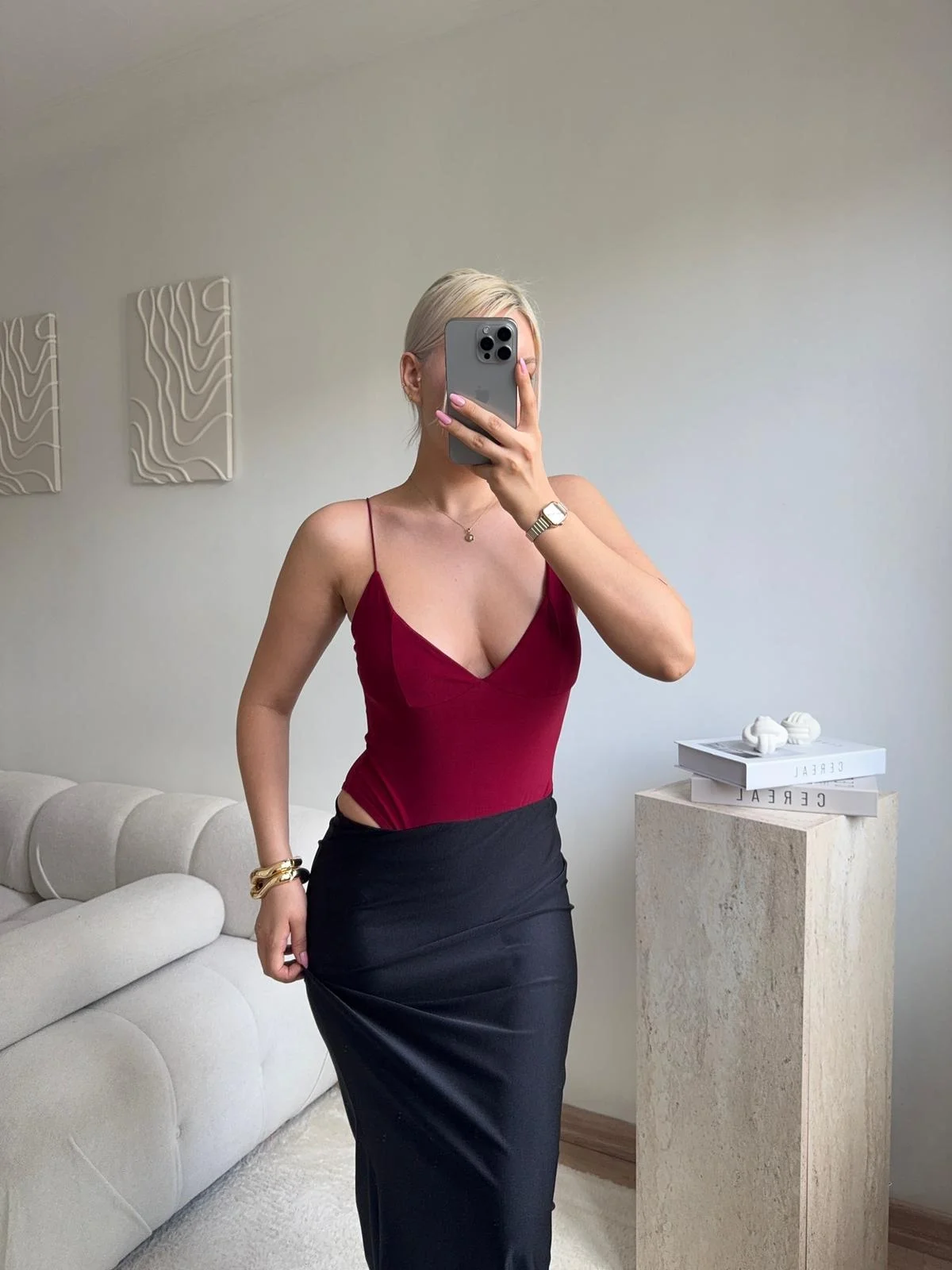 İp Askılı V Yaka Sırt Dekolteli Bodysuit - BORDO