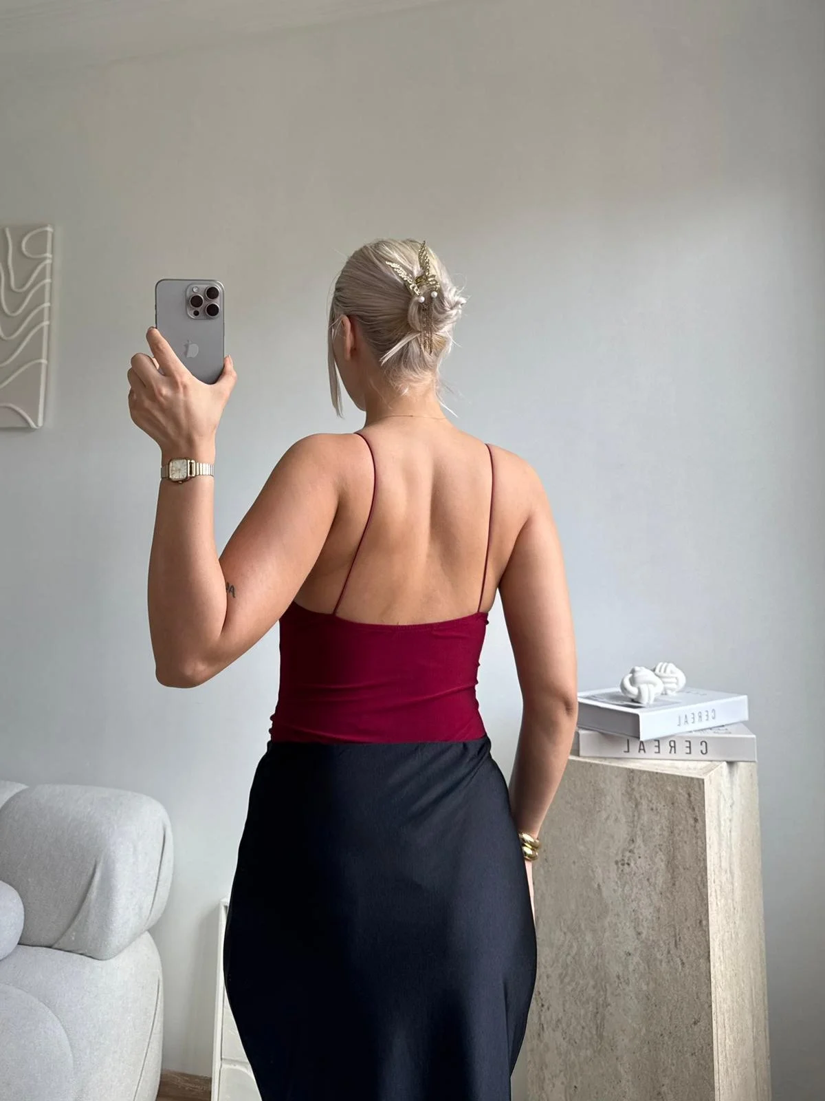 İp Askılı V Yaka Sırt Dekolteli Bodysuit - BORDO