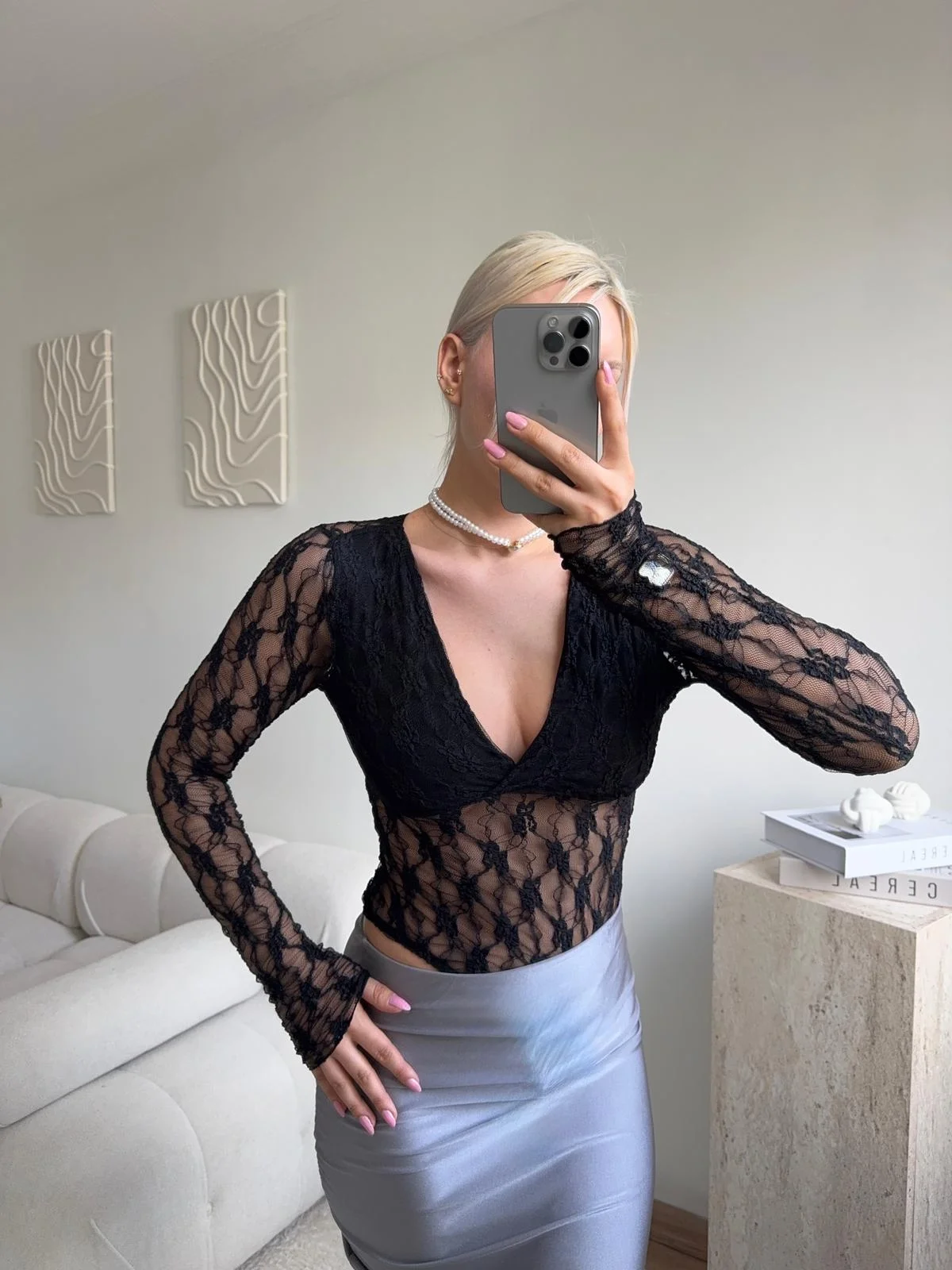 Uzun Kollu Dantel Bodysuit - SİYAH