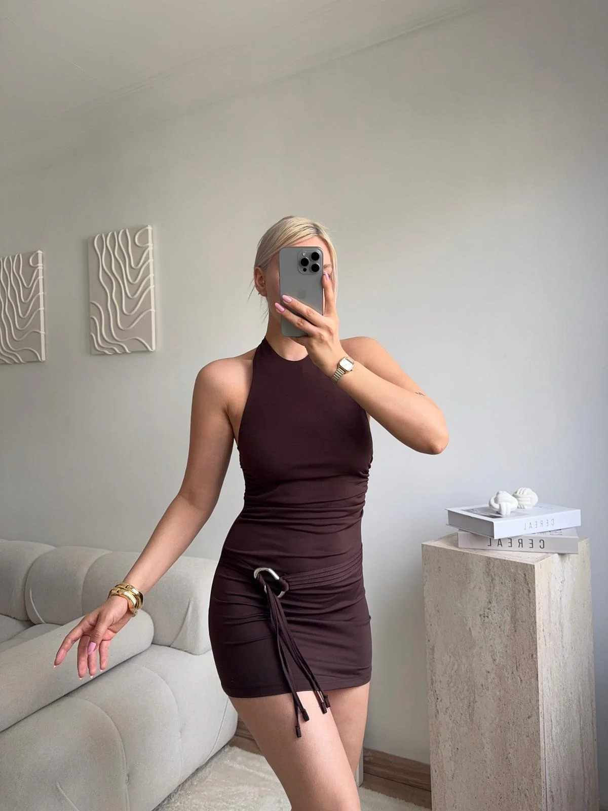 Halter Yaka Sırt Dekolteli Mini Elbise - KAHVE