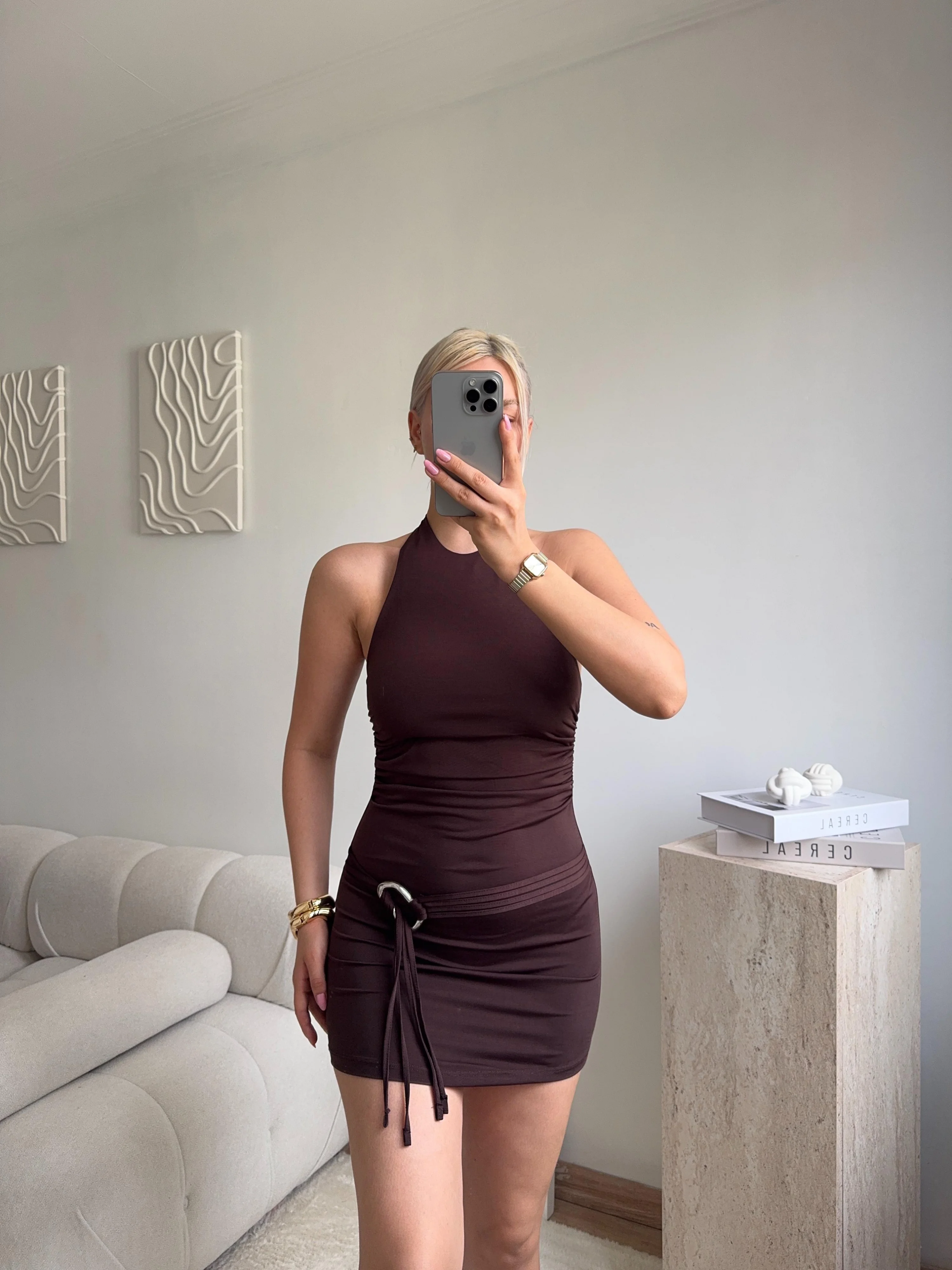 Halter Yaka Sırt Dekolteli Mini Elbise - KAHVE