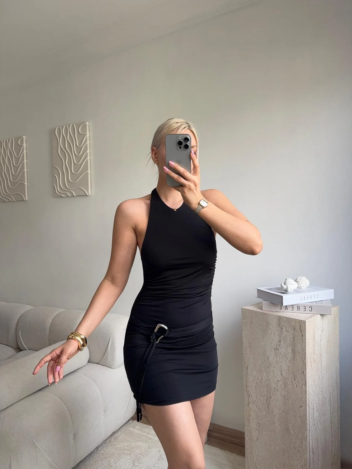 Halter Yaka Sırt Dekolteli Mini Elbise - SİYAH