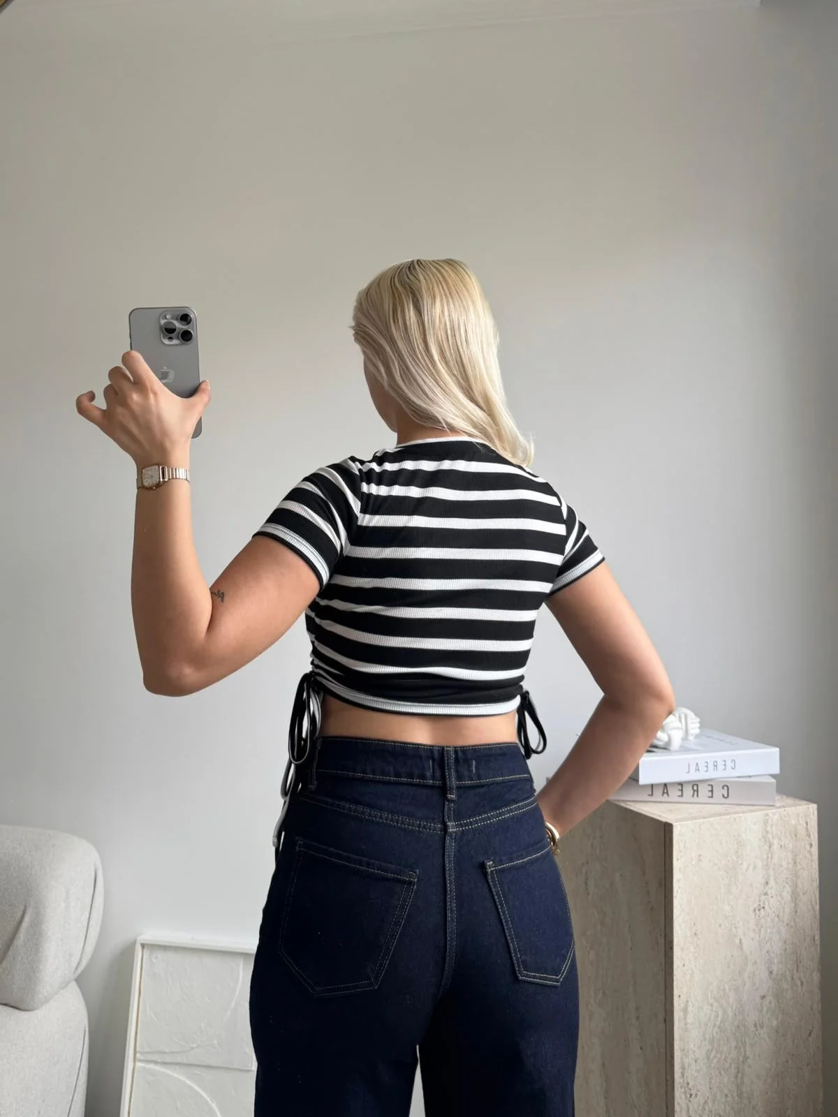 Çizgili Yanları Bağcıklı Fitilli Crop Tişört