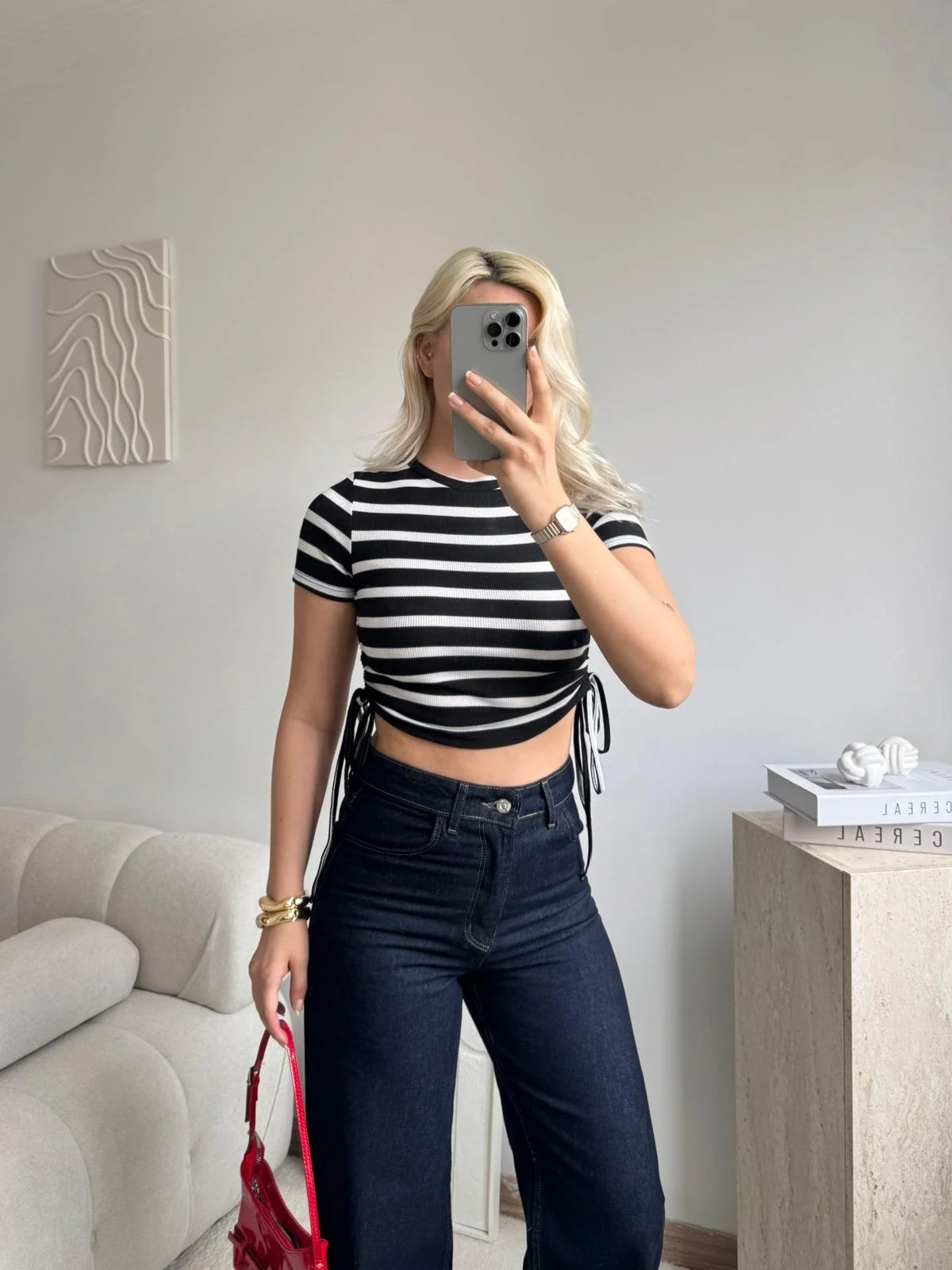 Çizgili Yanları Bağcıklı Fitilli Crop Tişört