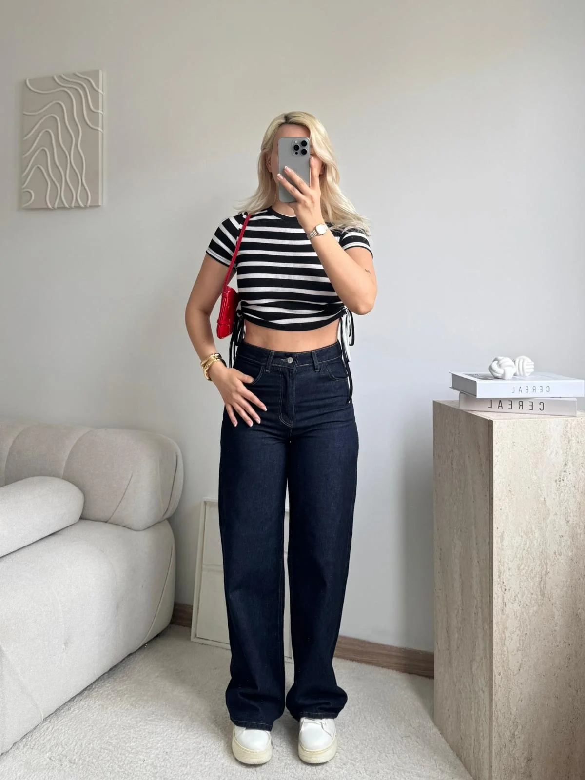 Çizgili Yanları Bağcıklı Fitilli Crop Tişört