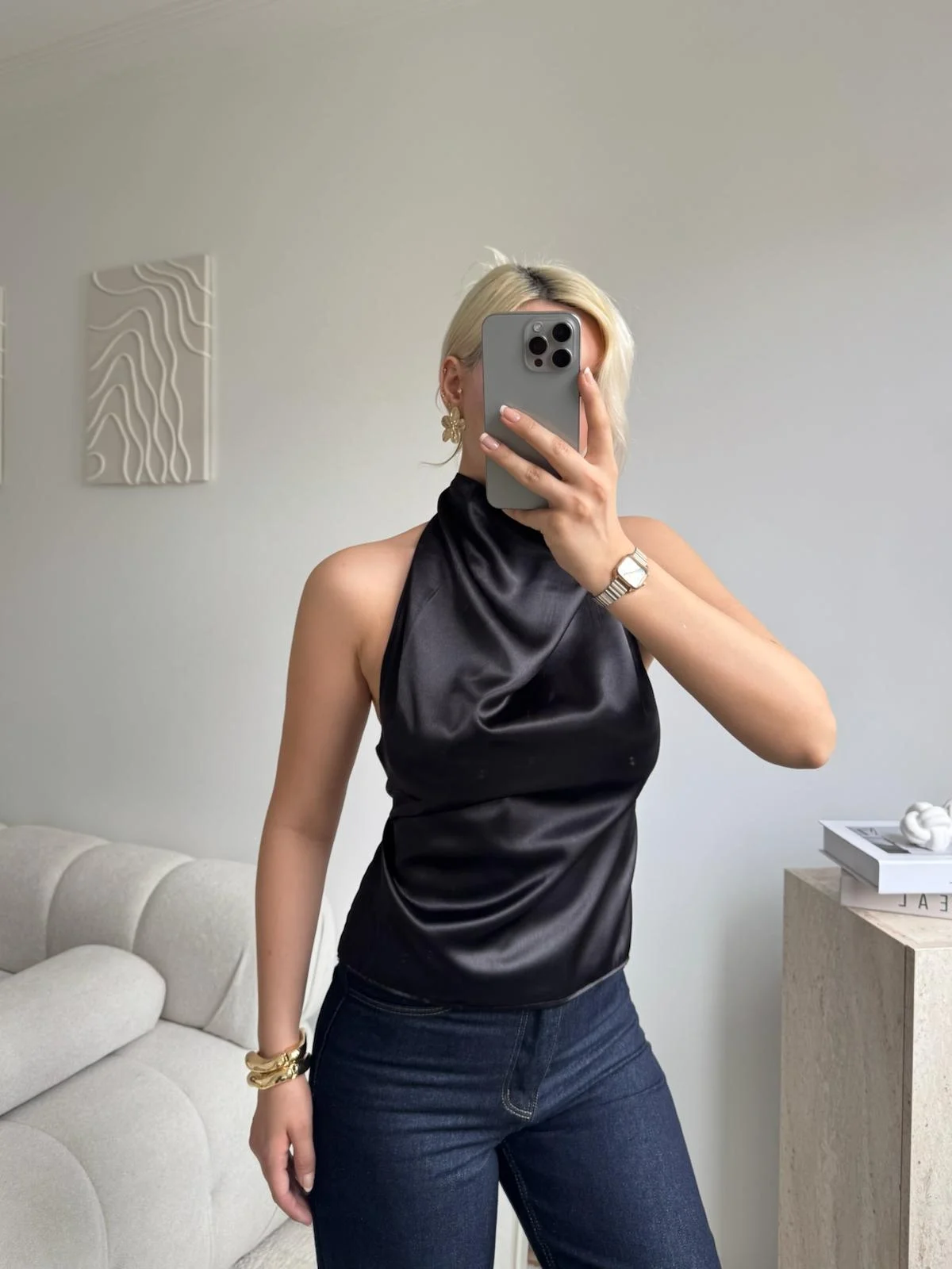 Saten Halter Yaka Sırtı Açık Dökümlü Bluz - SİYAH