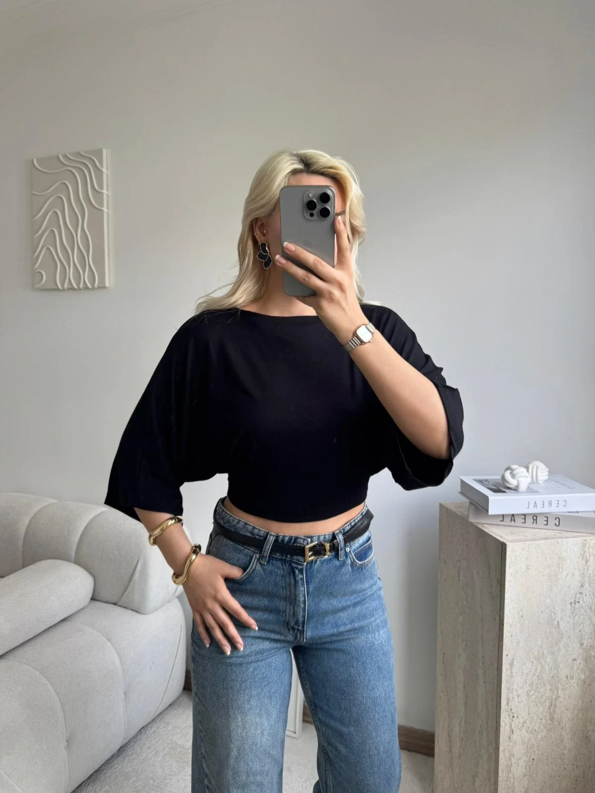 Yarasa Kol Kayık Yaka Dökümlü Crop Bluz - SİYAH