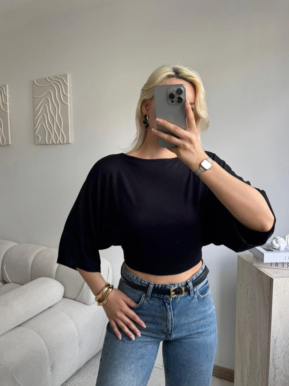 Yarasa Kol Kayık Yaka Dökümlü Crop Bluz - SİYAH