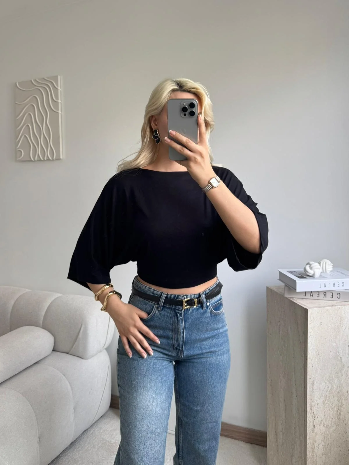 Yarasa Kol Kayık Yaka Dökümlü Crop Bluz - SİYAH