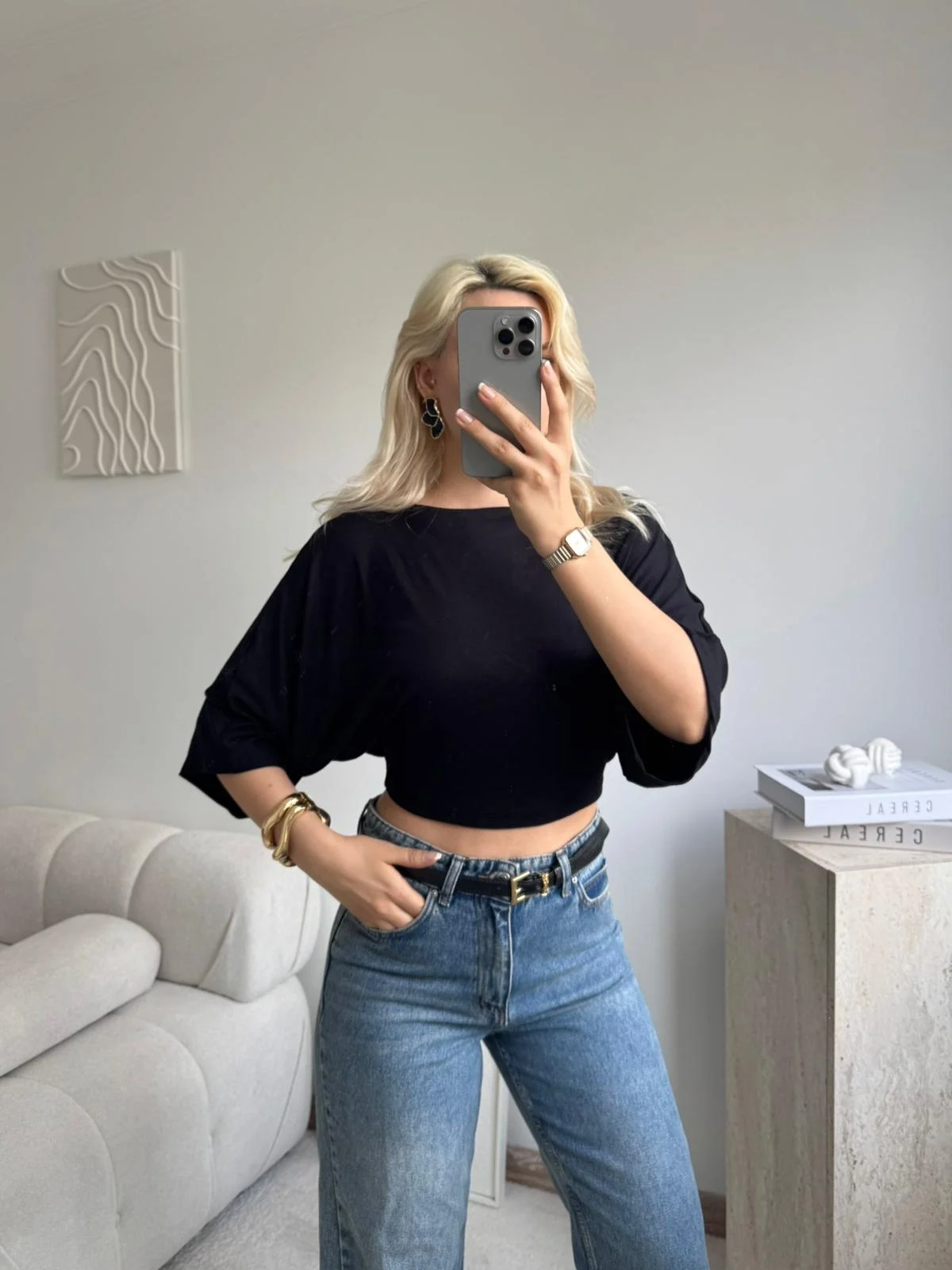 Yarasa Kol Kayık Yaka Dökümlü Crop Bluz - SİYAH