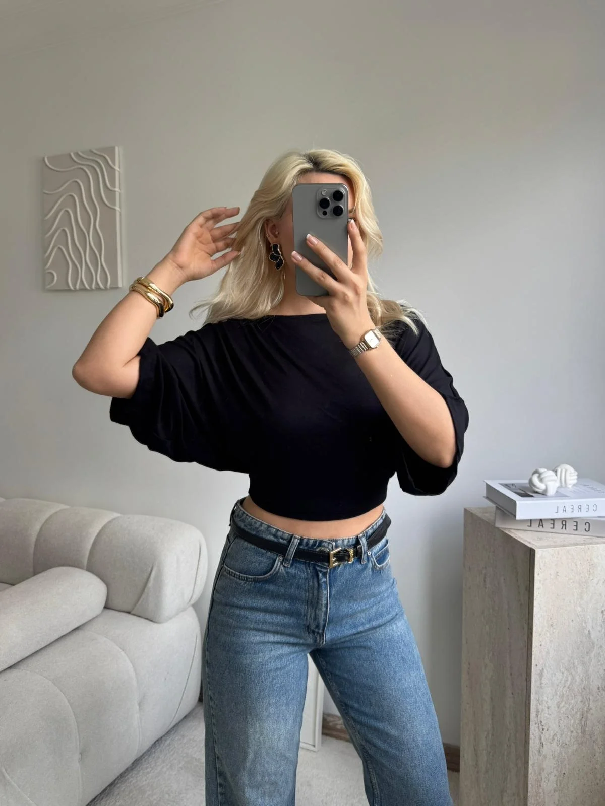 Yarasa Kol Kayık Yaka Dökümlü Crop Bluz - SİYAH