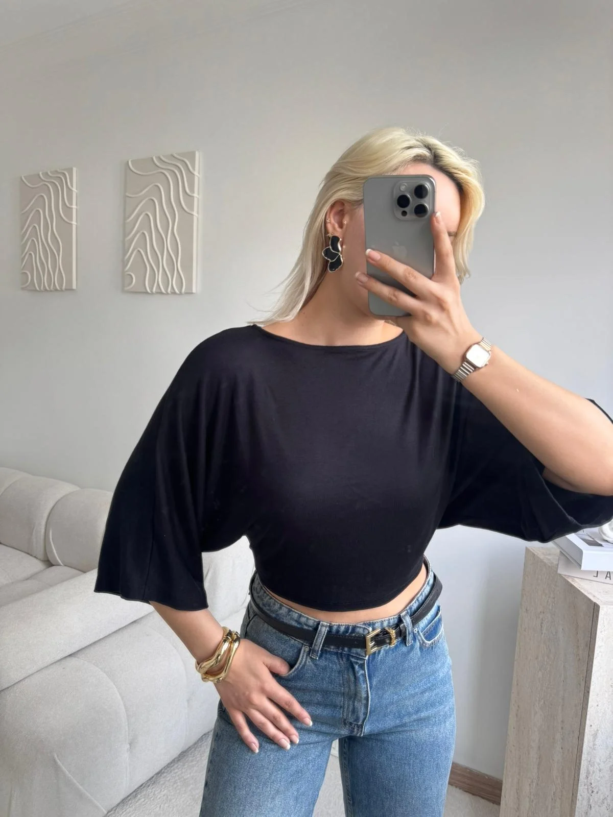 Yarasa Kol Kayık Yaka Dökümlü Crop Bluz - SİYAH