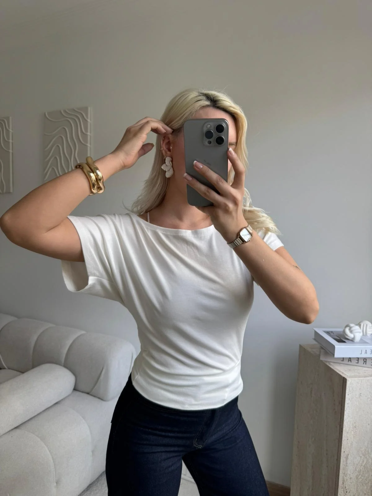 Kayık Yaka Yarasa Kol Dar Kesim Basic Bluz - BEYAZ