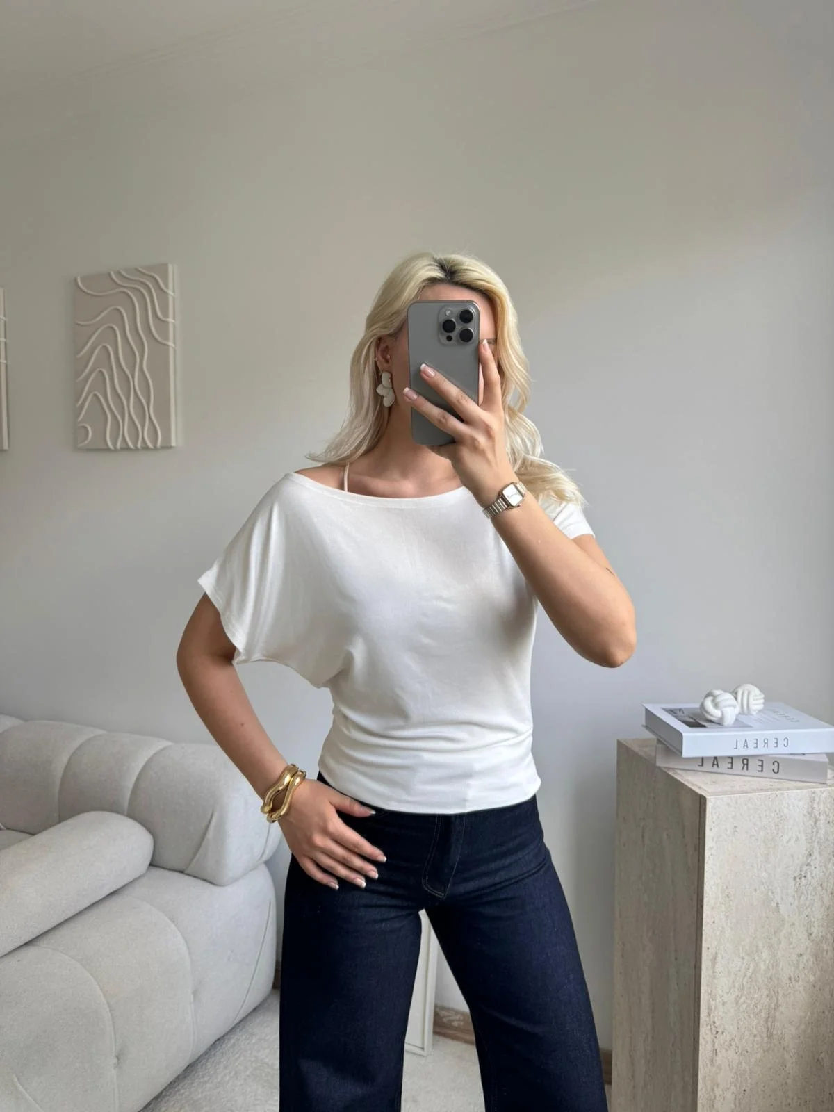 Kayık Yaka Yarasa Kol Dar Kesim Basic Bluz - BEYAZ