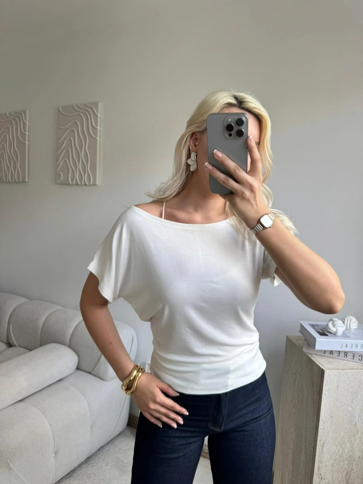 Kayık Yaka Yarasa Kol Dar Kesim Basic Bluz - BEYAZ