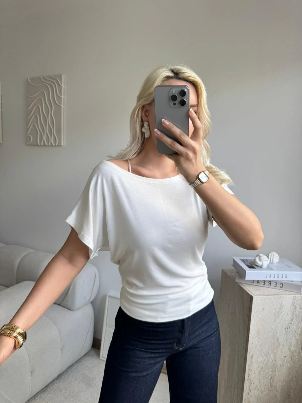 Kayık Yaka Yarasa Kol Dar Kesim Basic Bluz - BEYAZ