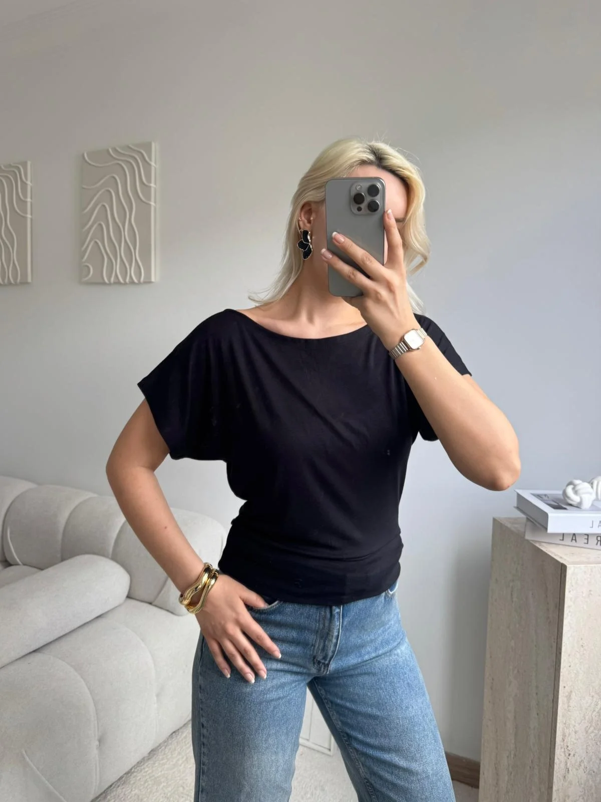 Kayık Yaka Yarasa Kol Dar Kesim Basic Bluz - SİYAH