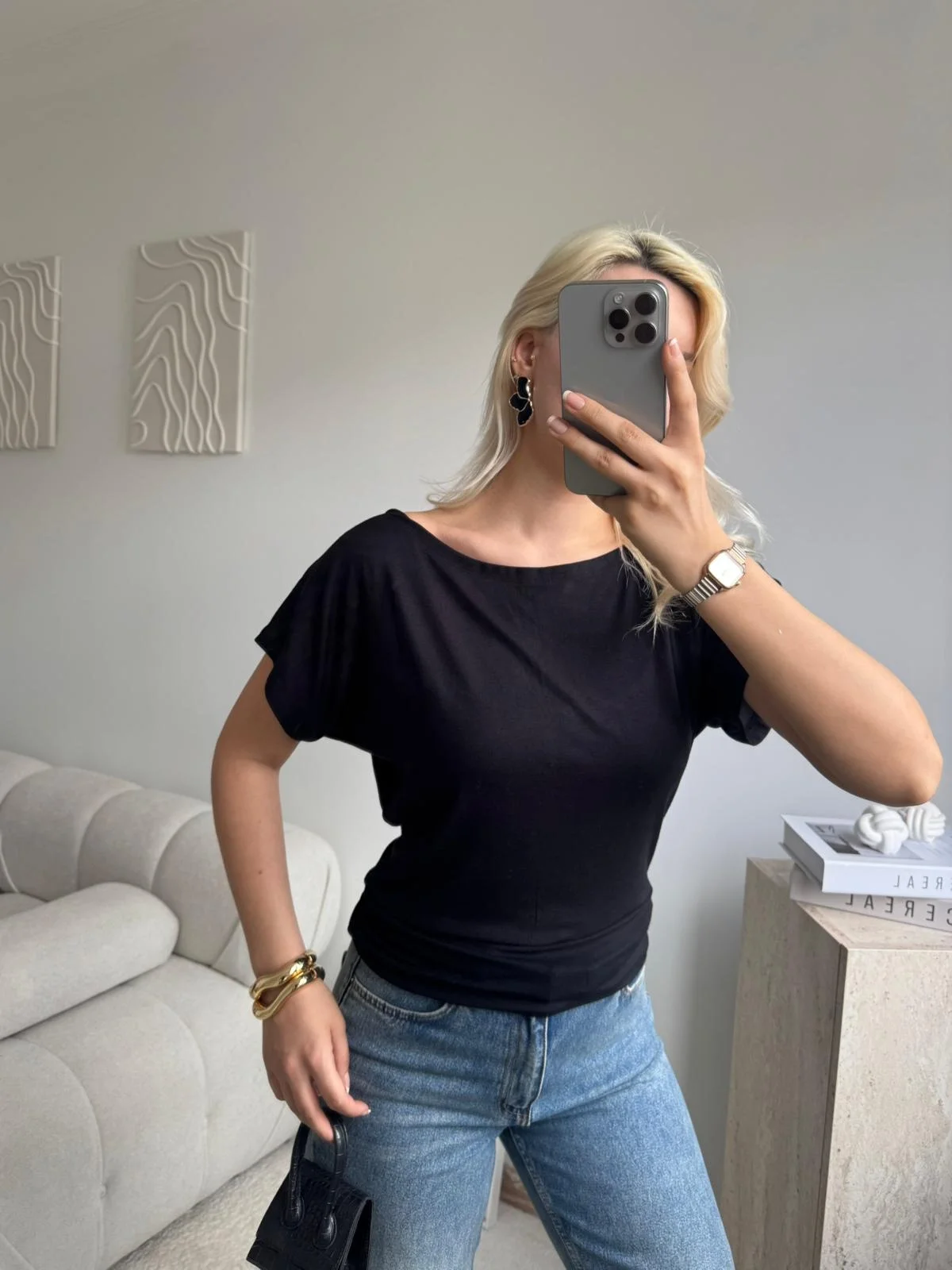 Kayık Yaka Yarasa Kol Dar Kesim Basic Bluz - SİYAH