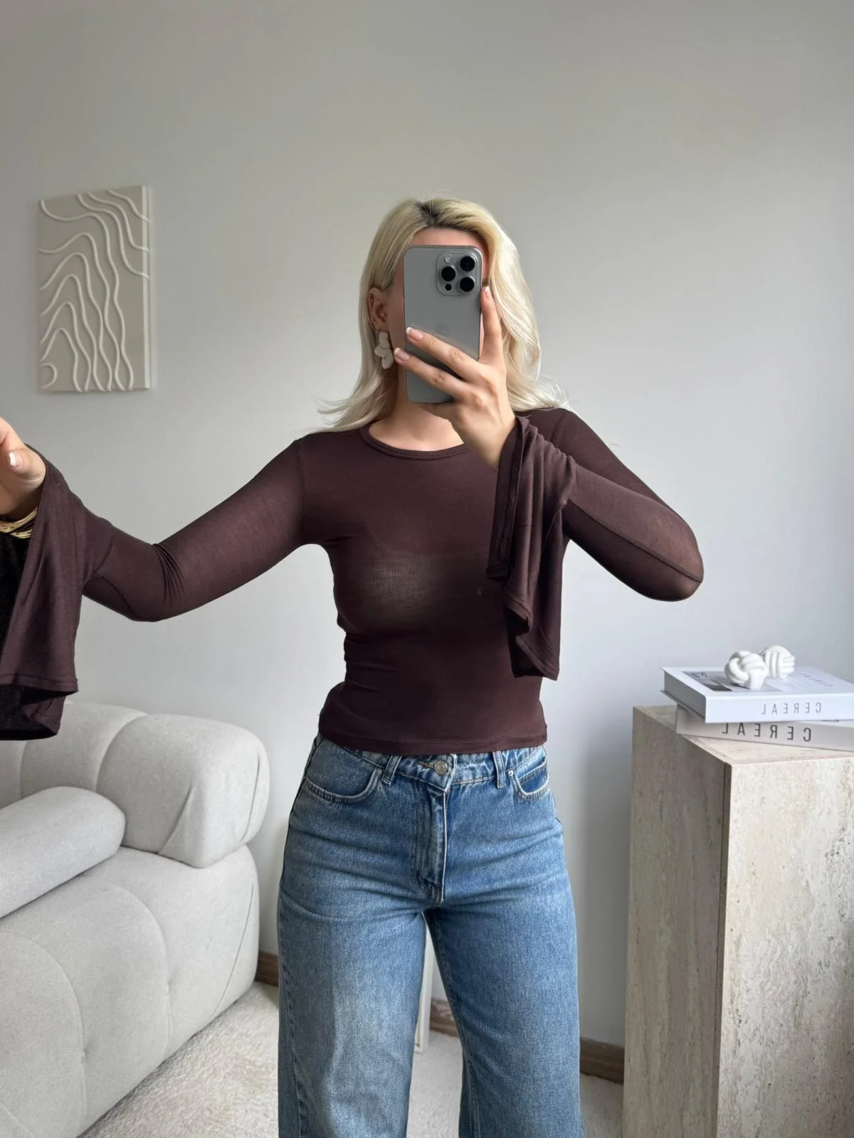 Transparan İspanyol Kol Uzun Kollu Bluz - KAHVE