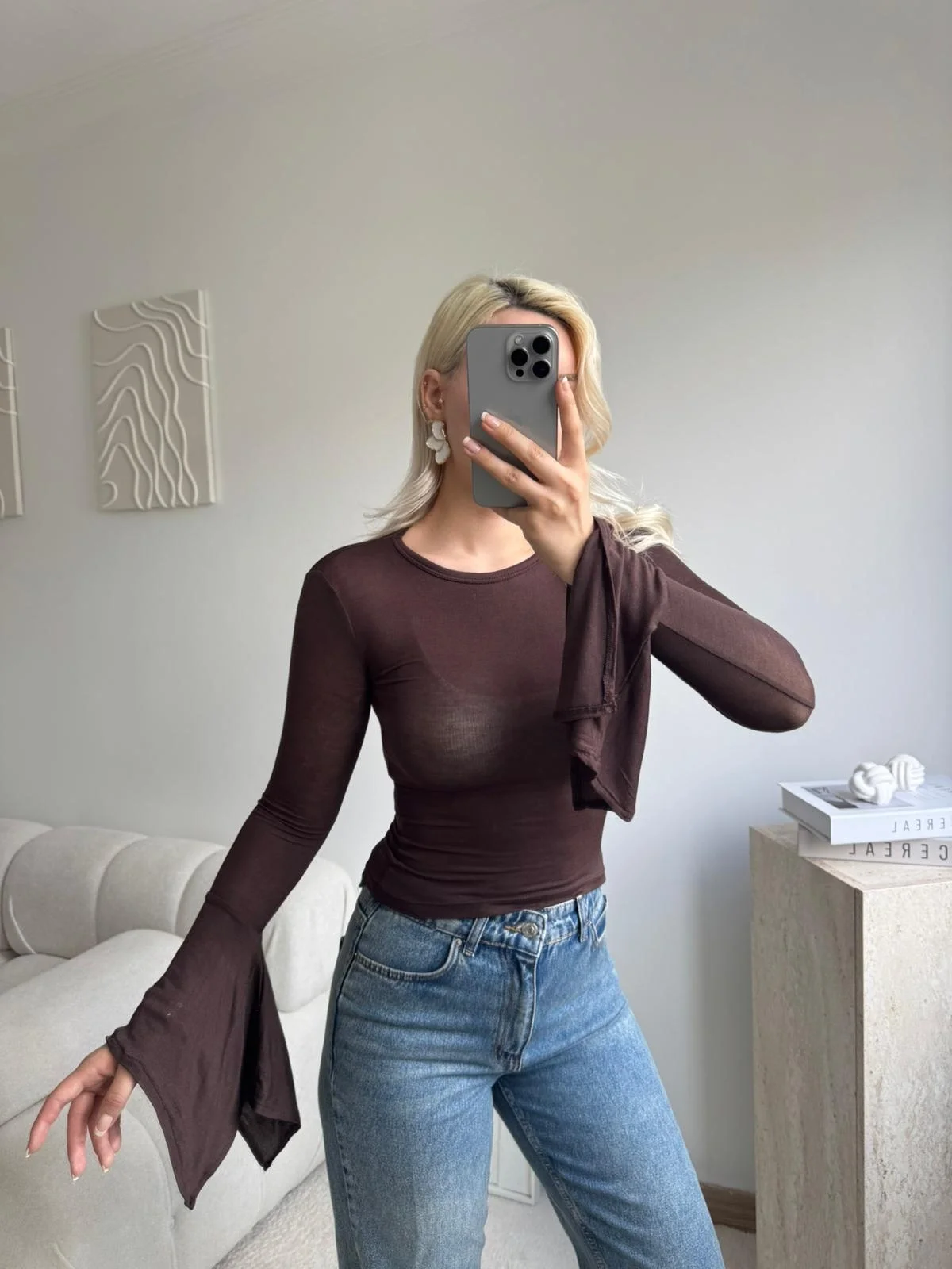 Transparan İspanyol Kol Uzun Kollu Bluz - KAHVE