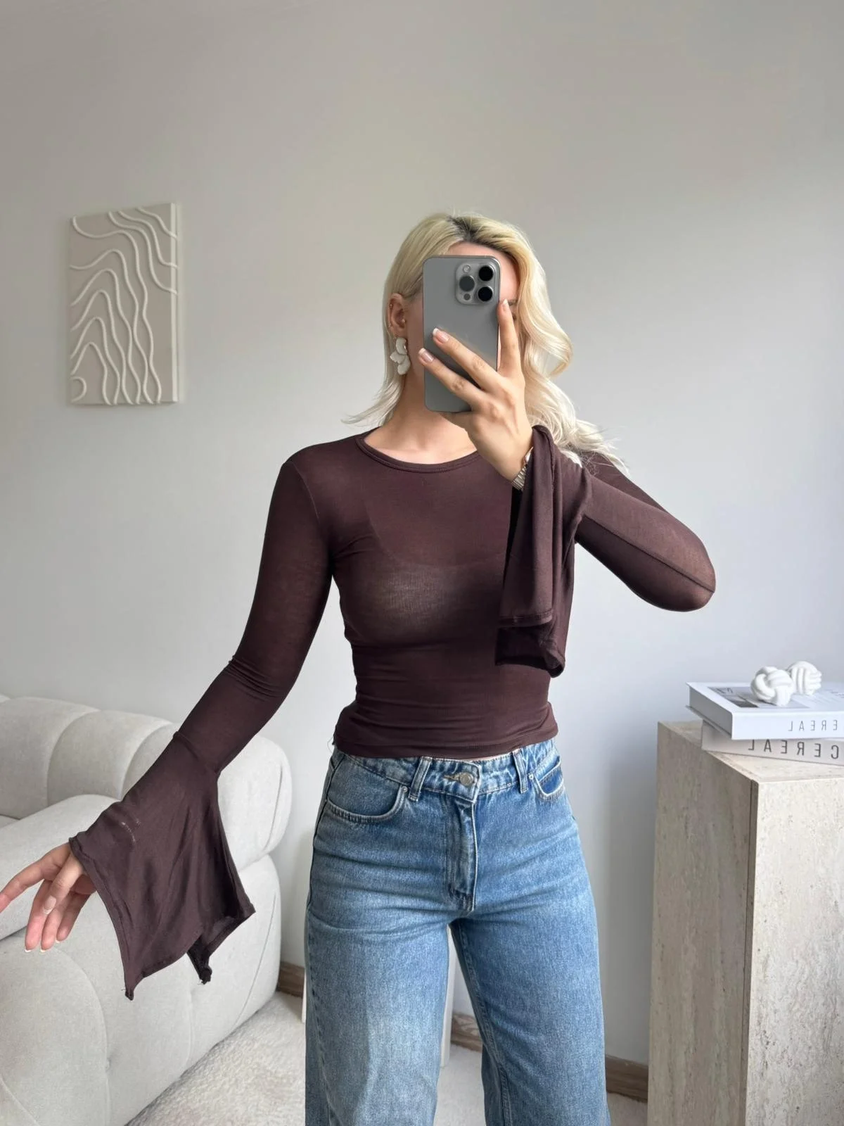 Transparan İspanyol Kol Uzun Kollu Bluz - KAHVE