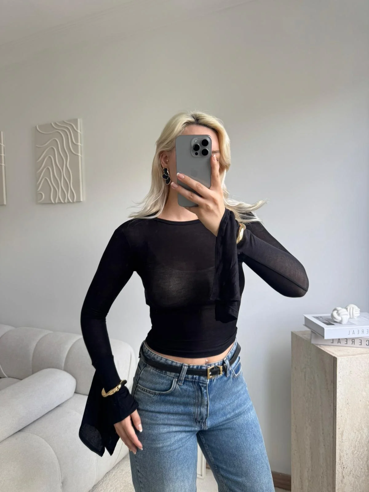 Transparan İspanyol Kol Uzun Kollu Bluz - SİYAH