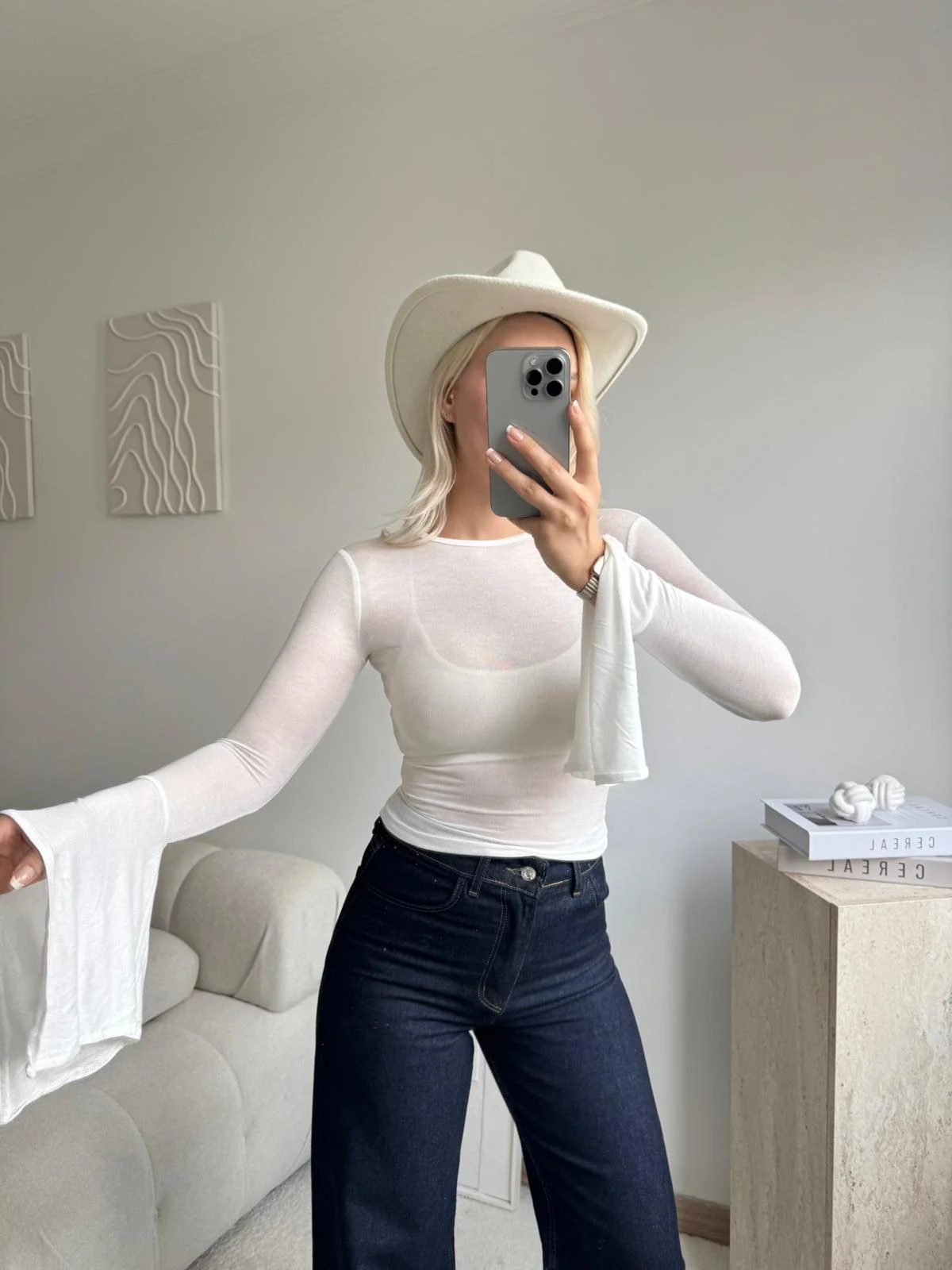 Transparan İspanyol Kol Uzun Kollu Bluz - BEYAZ