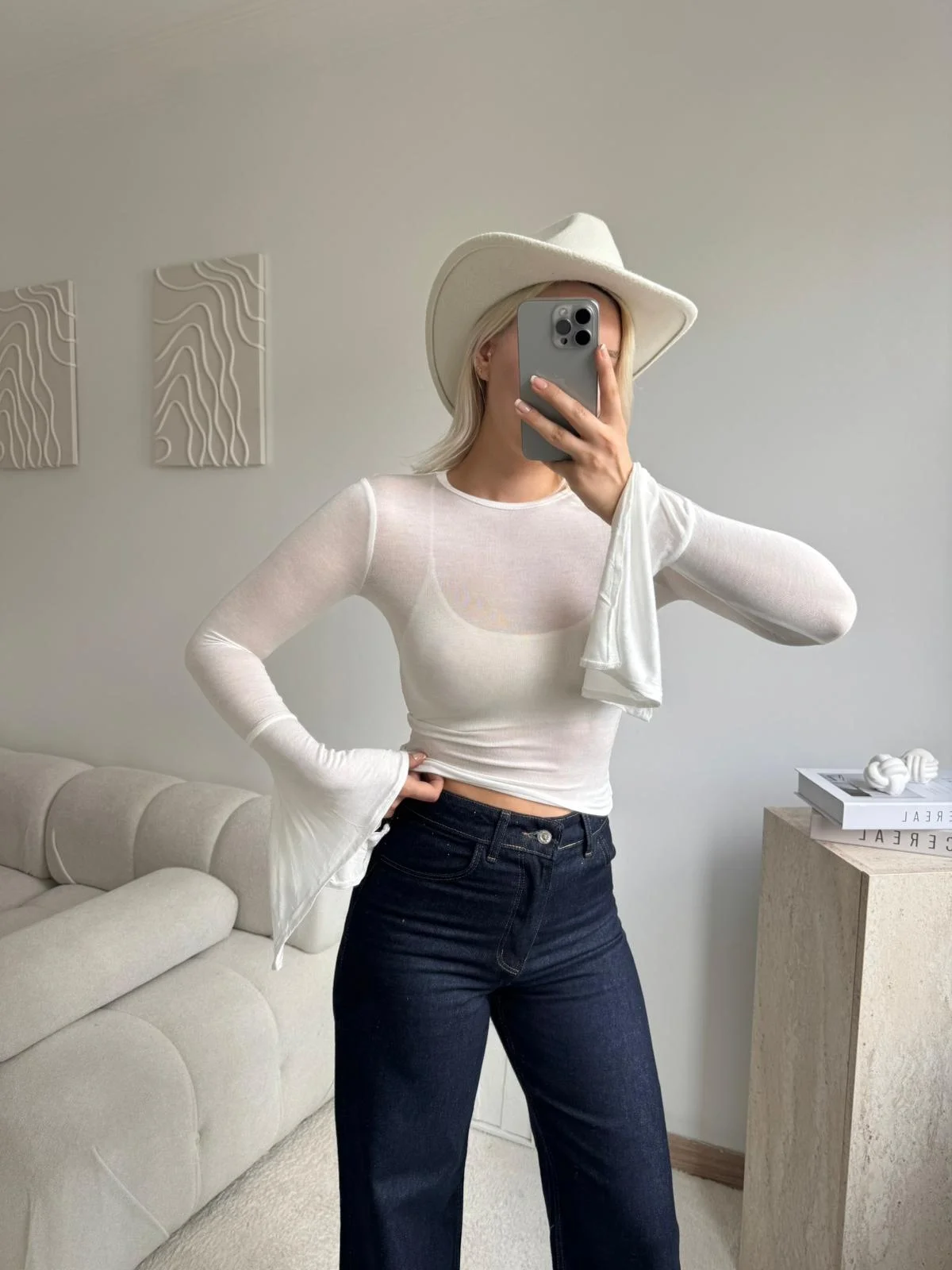 Transparan İspanyol Kol Uzun Kollu Bluz - BEYAZ