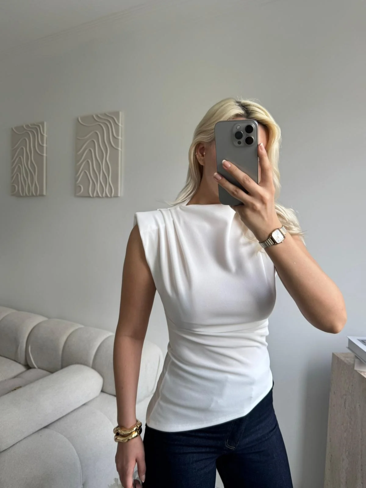 Vatkalı Asimetrik Bluz - BEYAZ