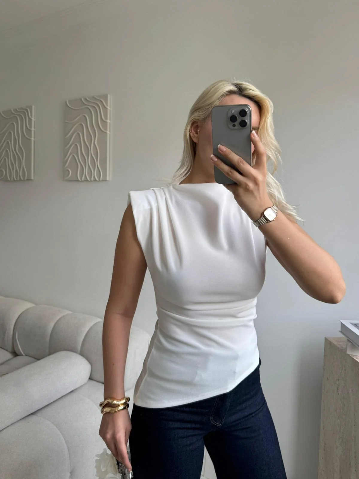 Vatkalı Asimetrik Bluz - BEYAZ