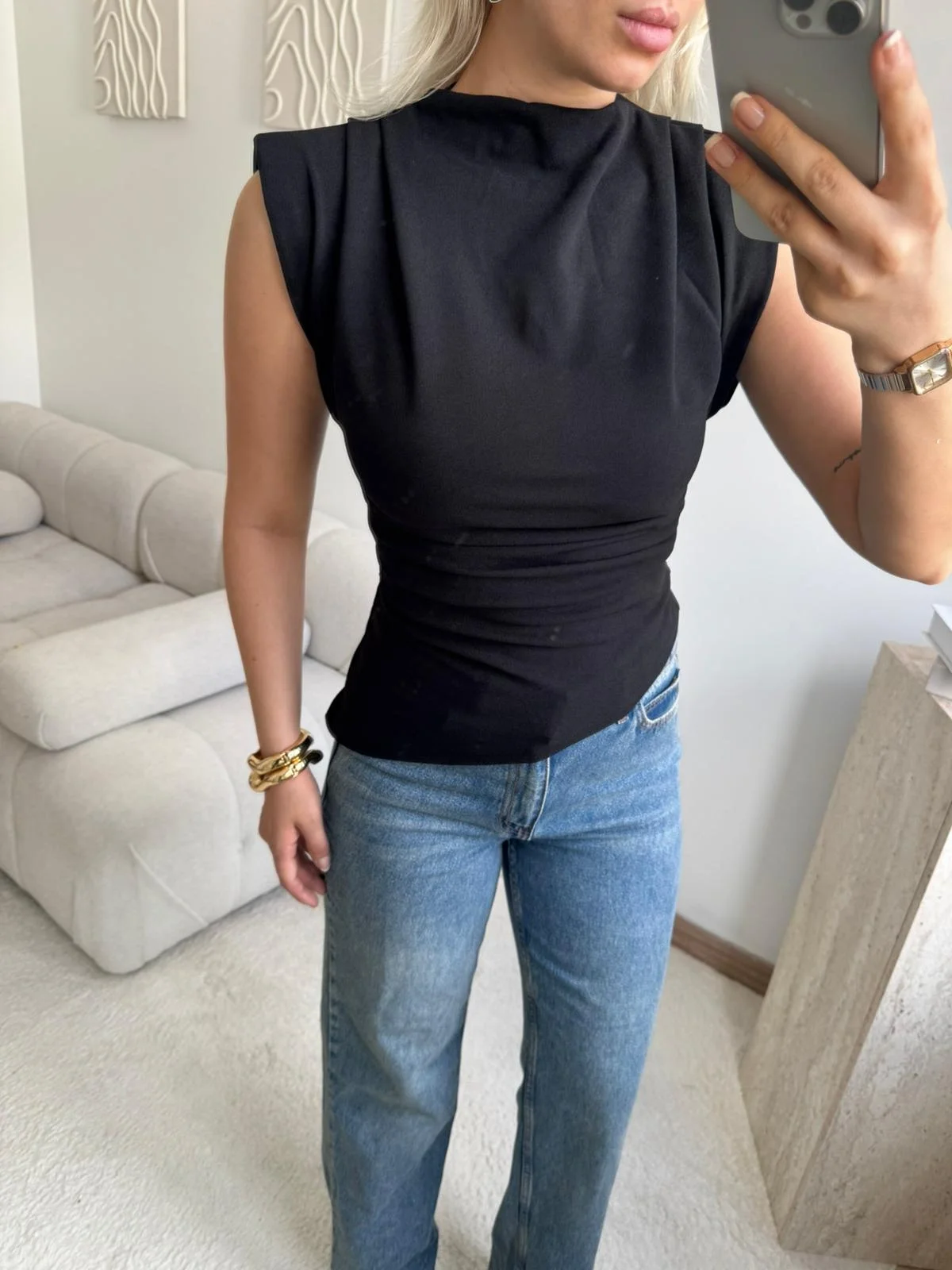 Vatkalı Asimetrik Bluz - SİYAH