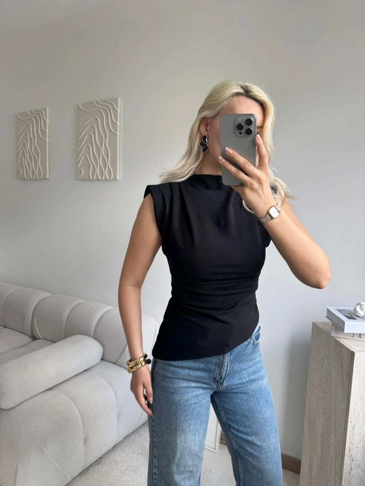 Vatkalı Asimetrik Bluz - SİYAH