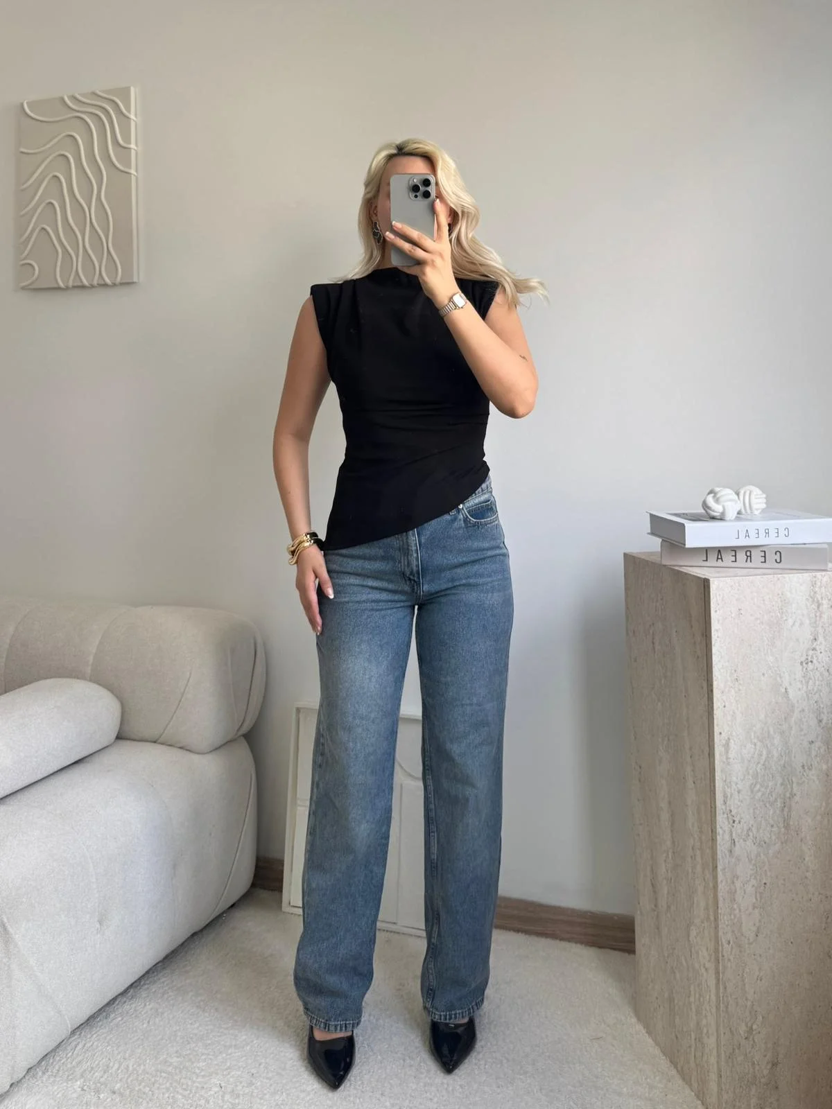 Vatkalı Asimetrik Bluz - SİYAH