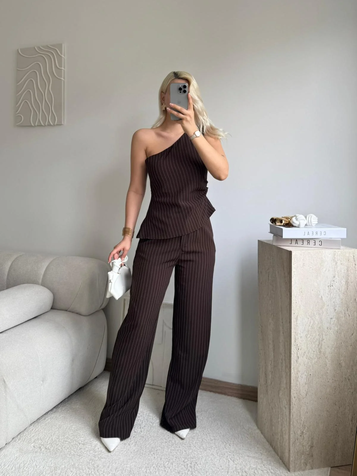 Çizgili Tek Omuz Bluz Pantolon Takım- KAHVE