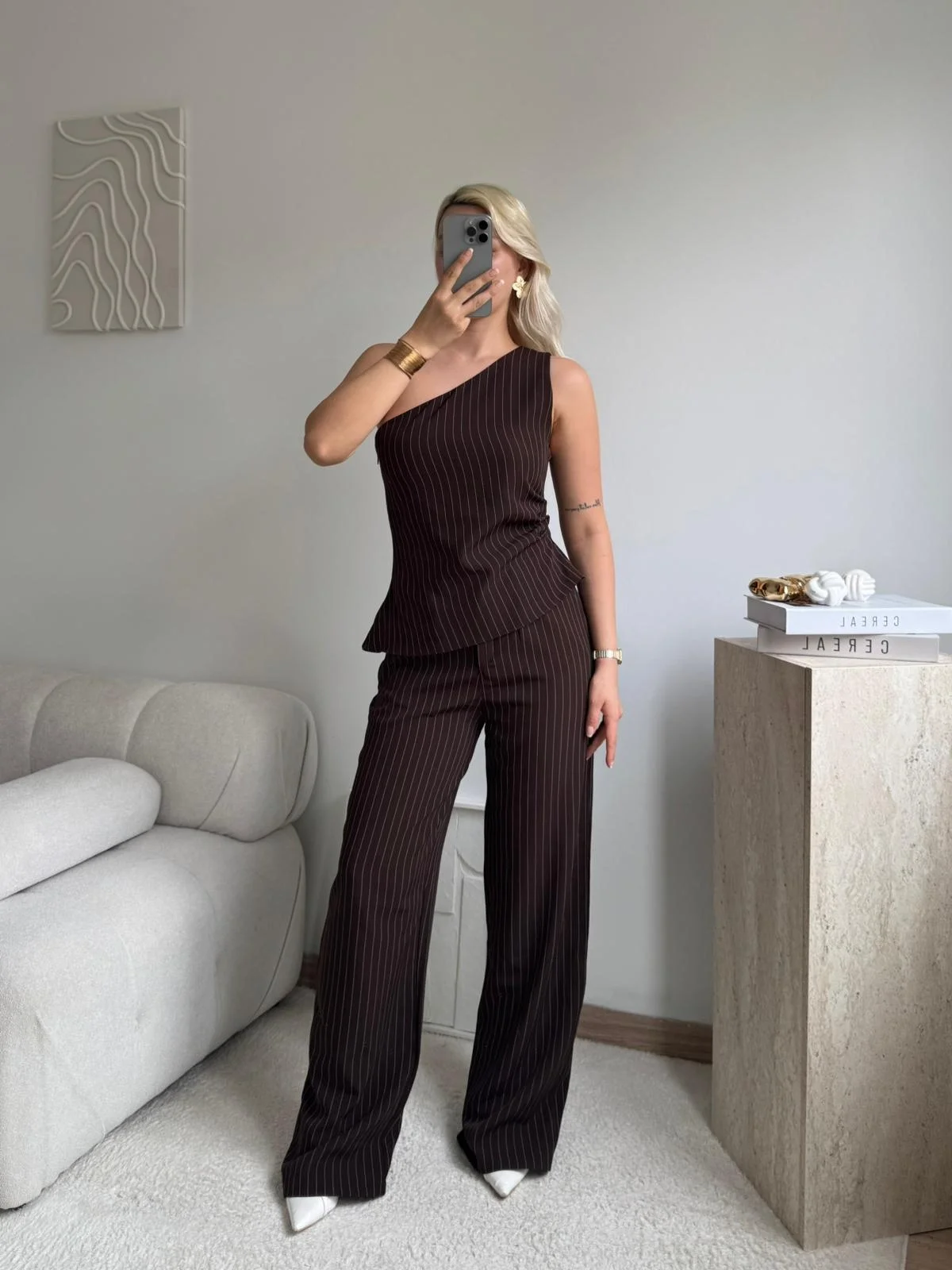 Çizgili Tek Omuz Bluz Pantolon Takım- KAHVE