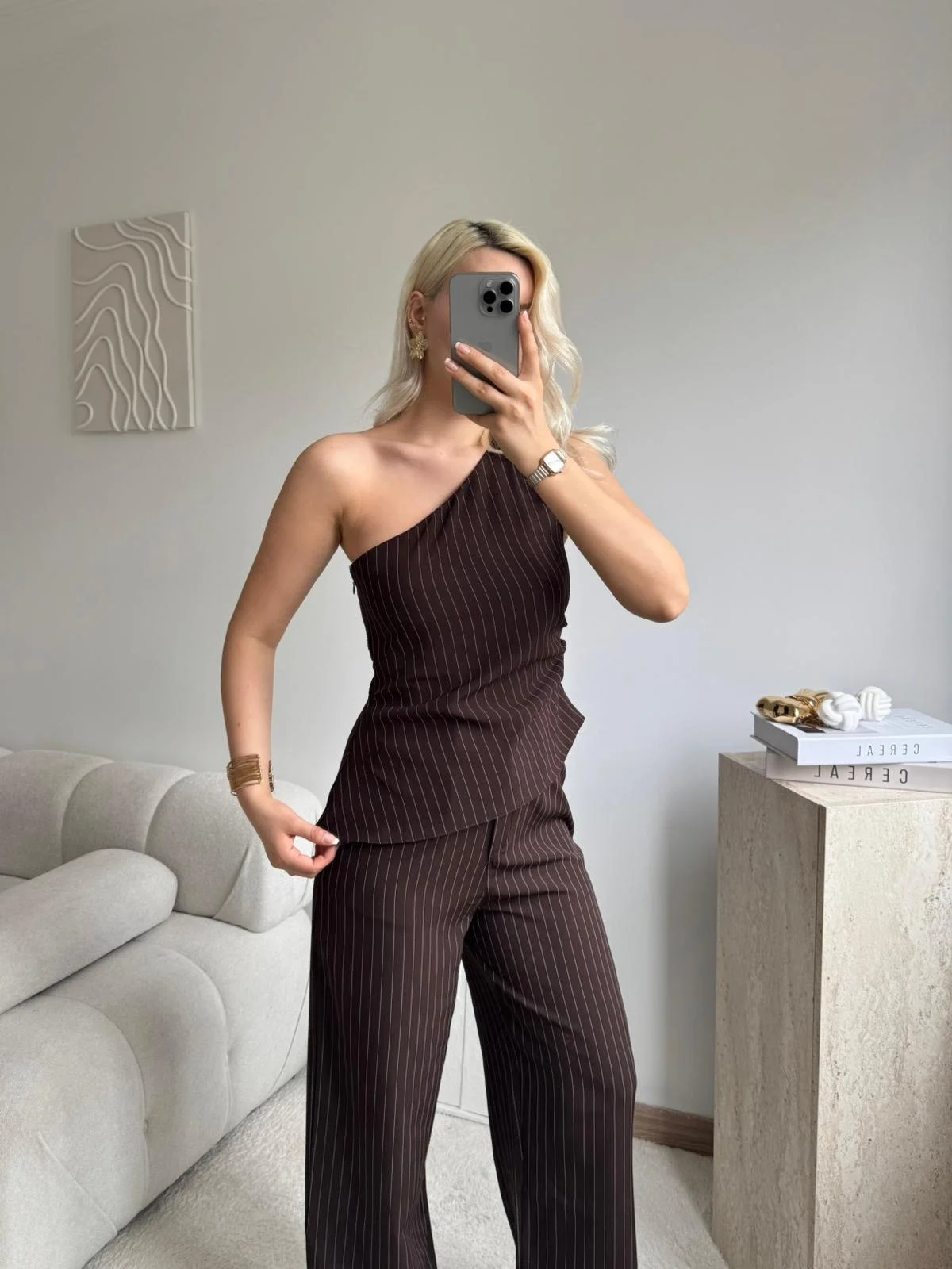 Çizgili Tek Omuz Bluz Pantolon Takım- KAHVE
