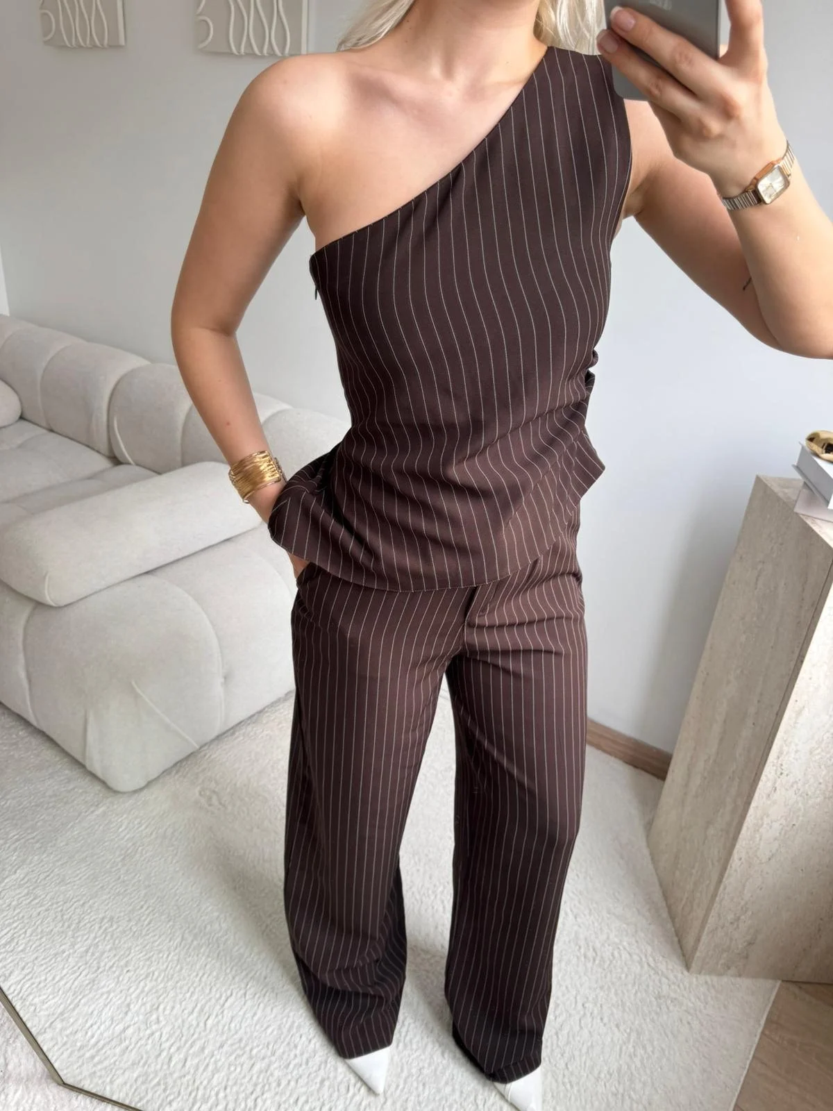 Çizgili Tek Omuz Bluz Pantolon Takım- KAHVE