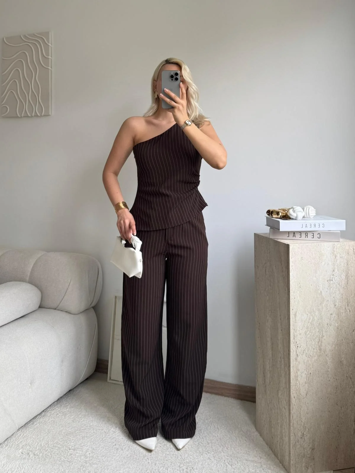 Çizgili Tek Omuz Bluz Pantolon Takım- KAHVE