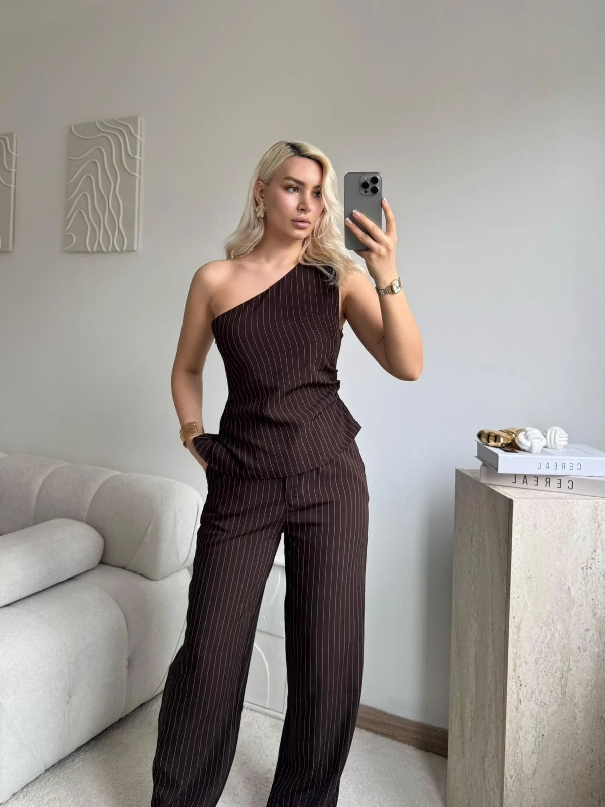 Çizgili Tek Omuz Bluz Pantolon Takım- KAHVE