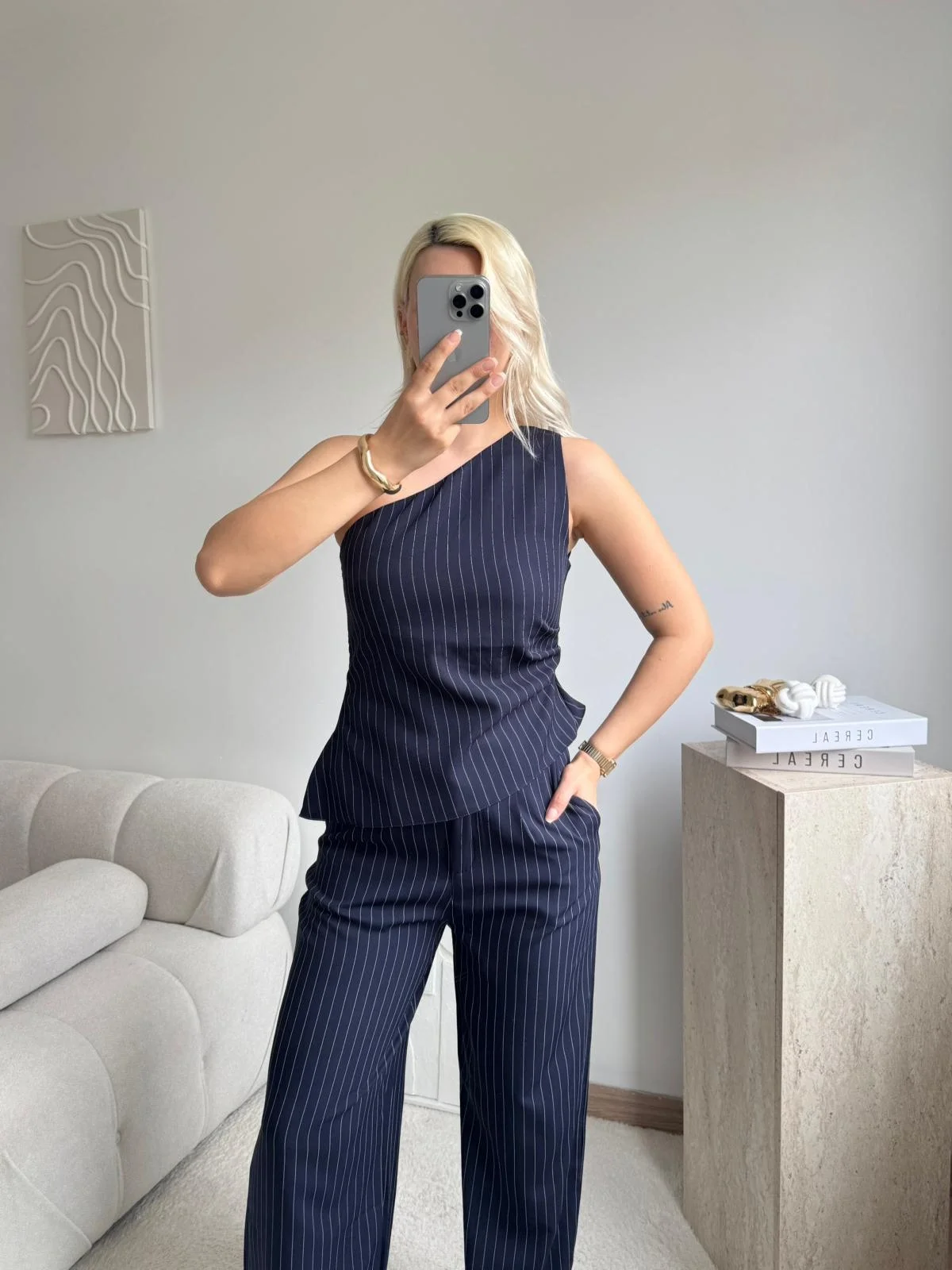 Çizgili Tek Omuz Bluz Pantolon Takım- LACİVERT