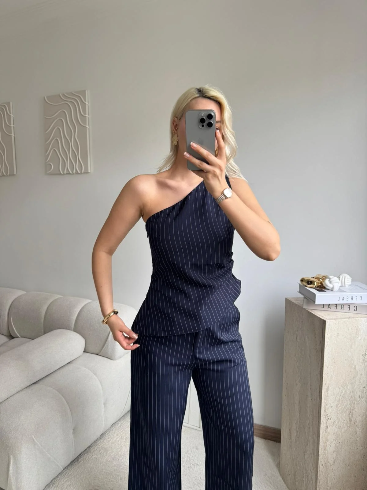 Çizgili Tek Omuz Bluz Pantolon Takım- LACİVERT