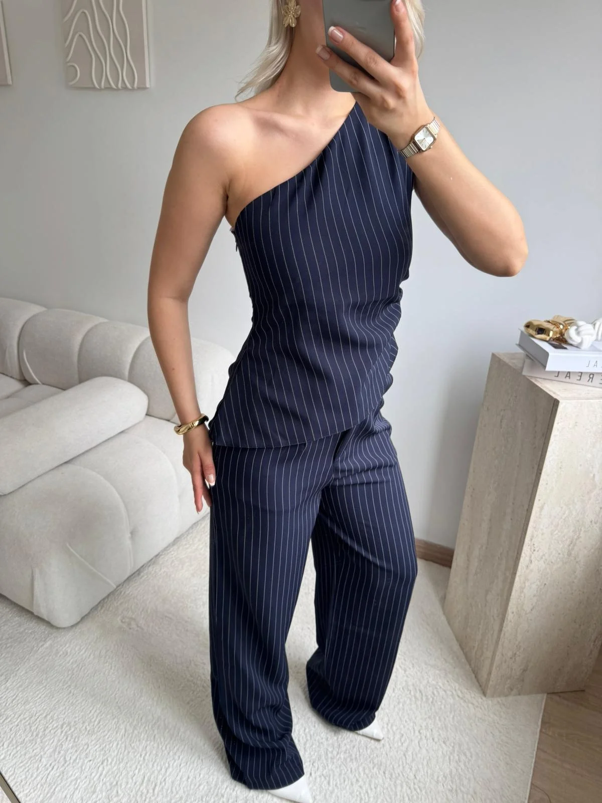 Çizgili Tek Omuz Bluz Pantolon Takım- LACİVERT