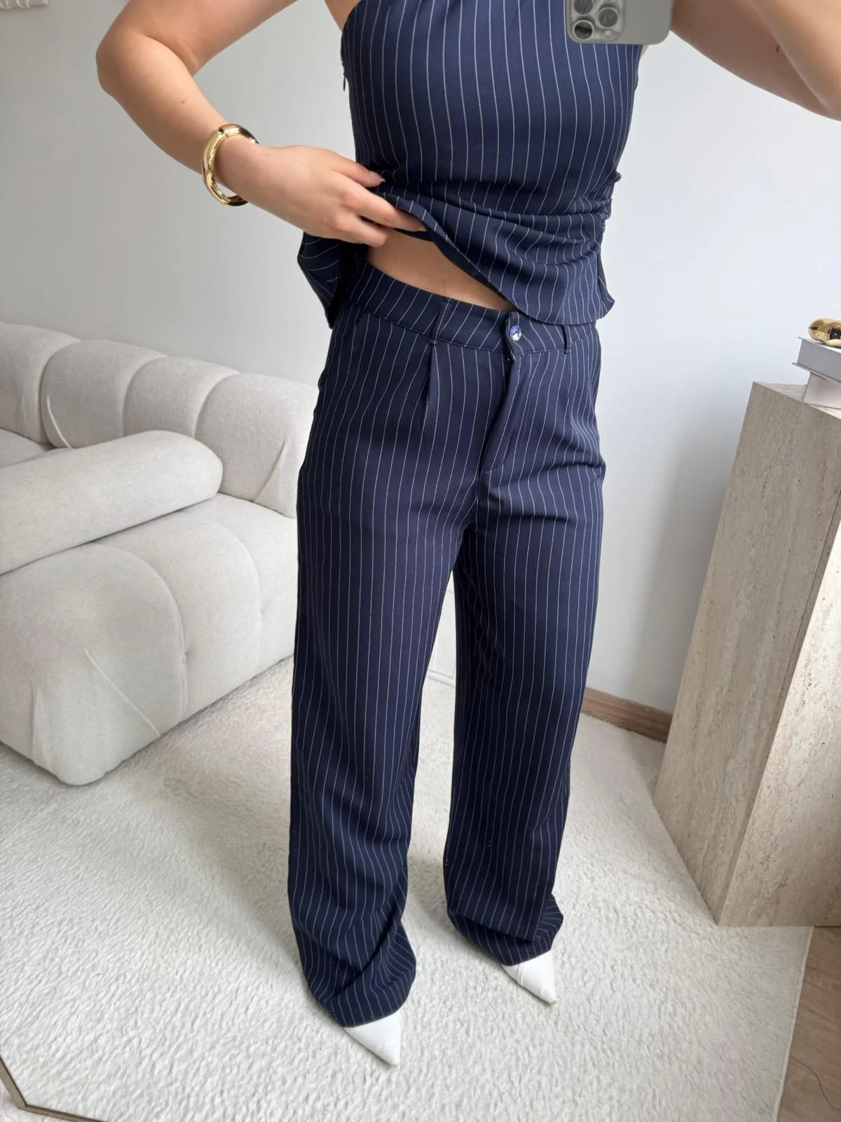 Çizgili Tek Omuz Bluz Pantolon Takım- LACİVERT