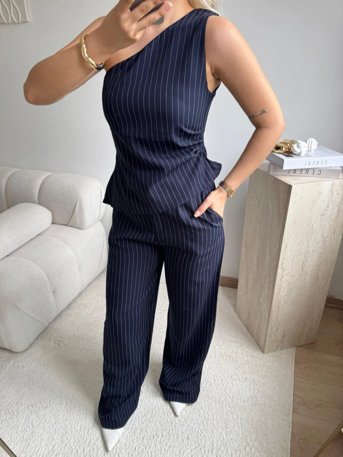 Çizgili Tek Omuz Bluz Pantolon Takım- LACİVERT