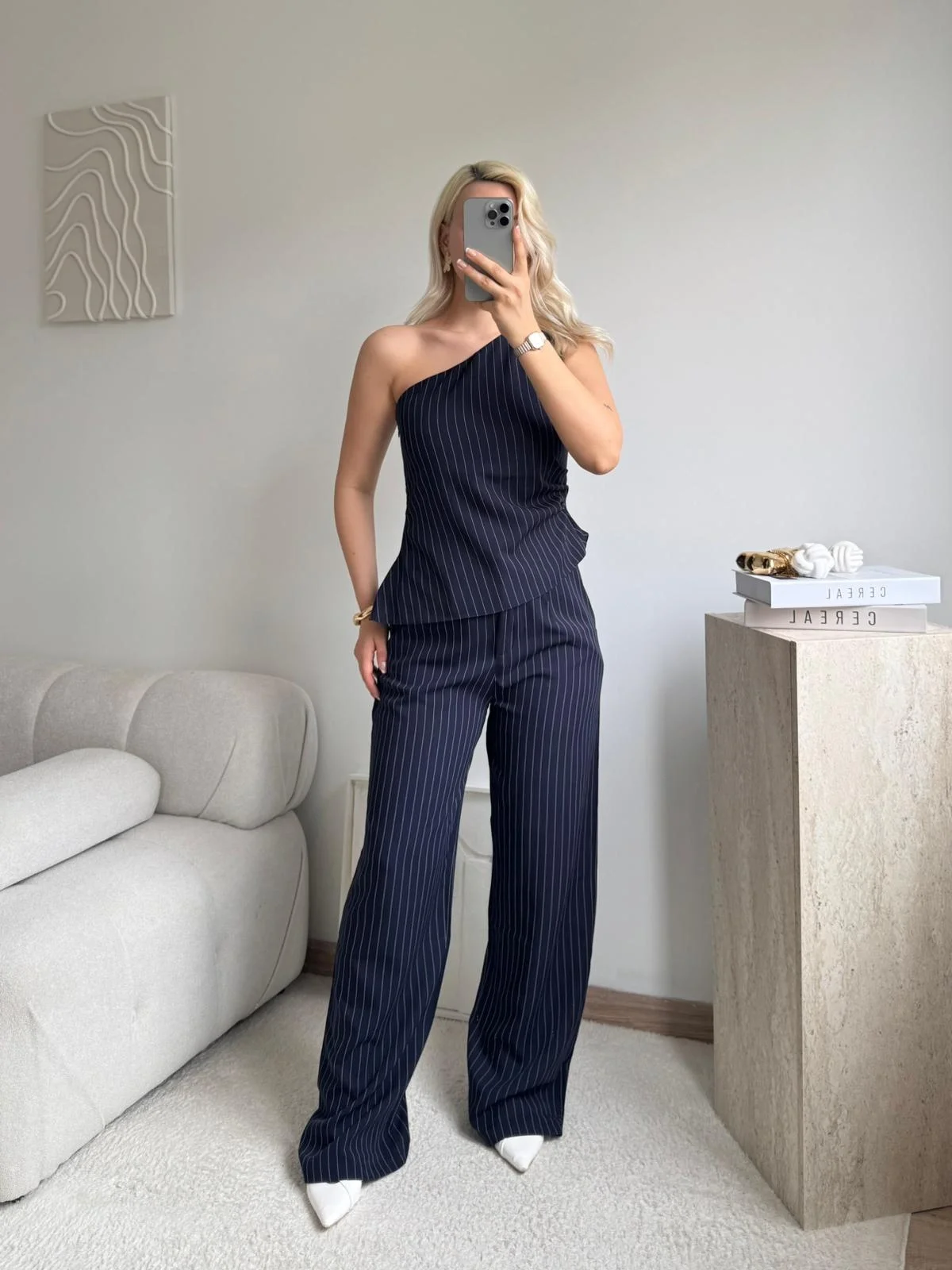 Çizgili Tek Omuz Bluz Pantolon Takım- LACİVERT