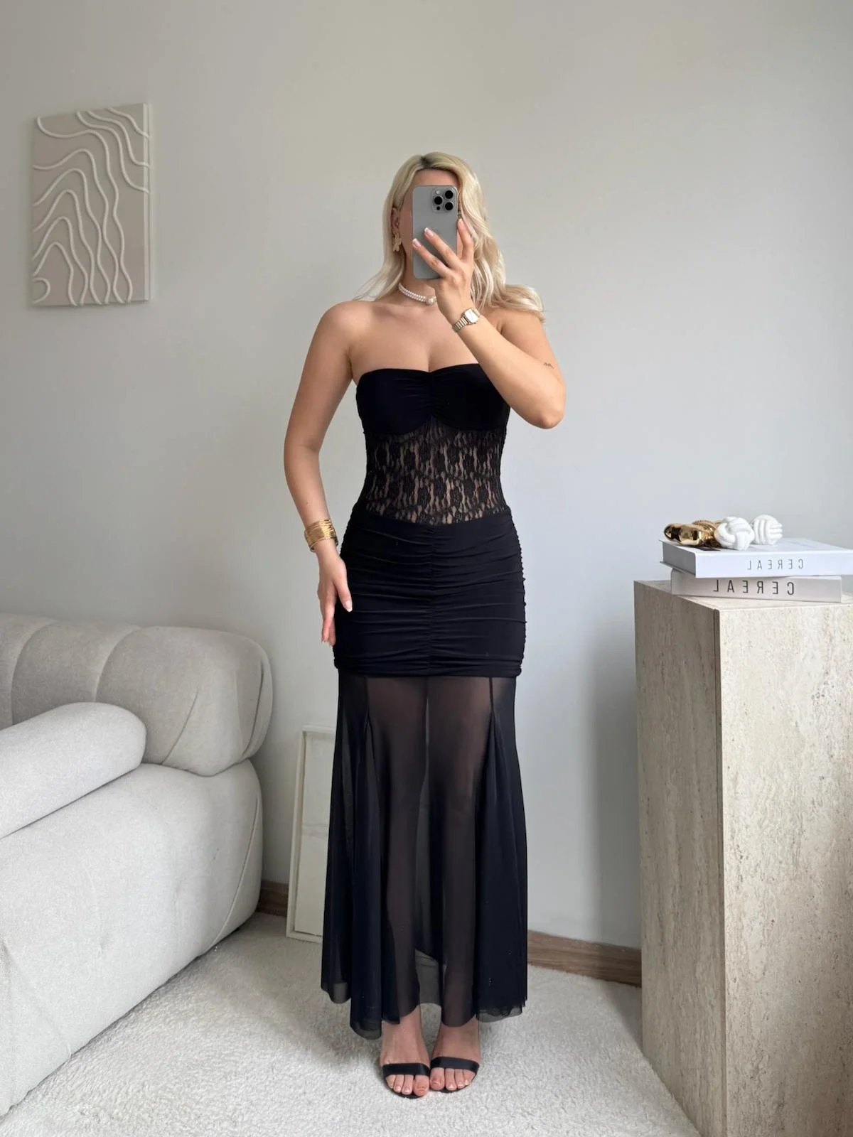 Dantel Detay Straplez Elbise - SİYAH